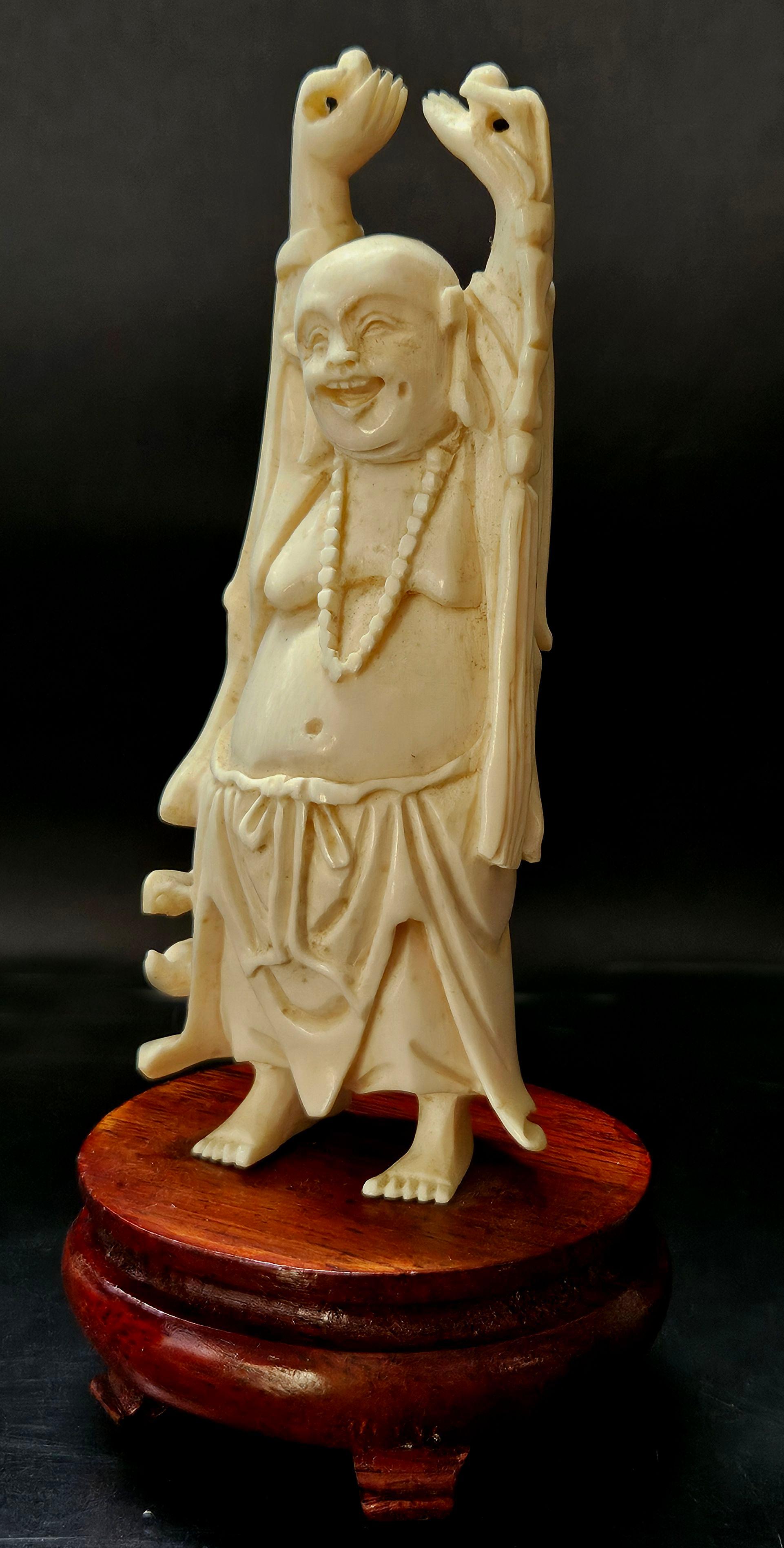 Antique Japanese Carved Okimono Happy Buddha, Meiji Period For Sale 1