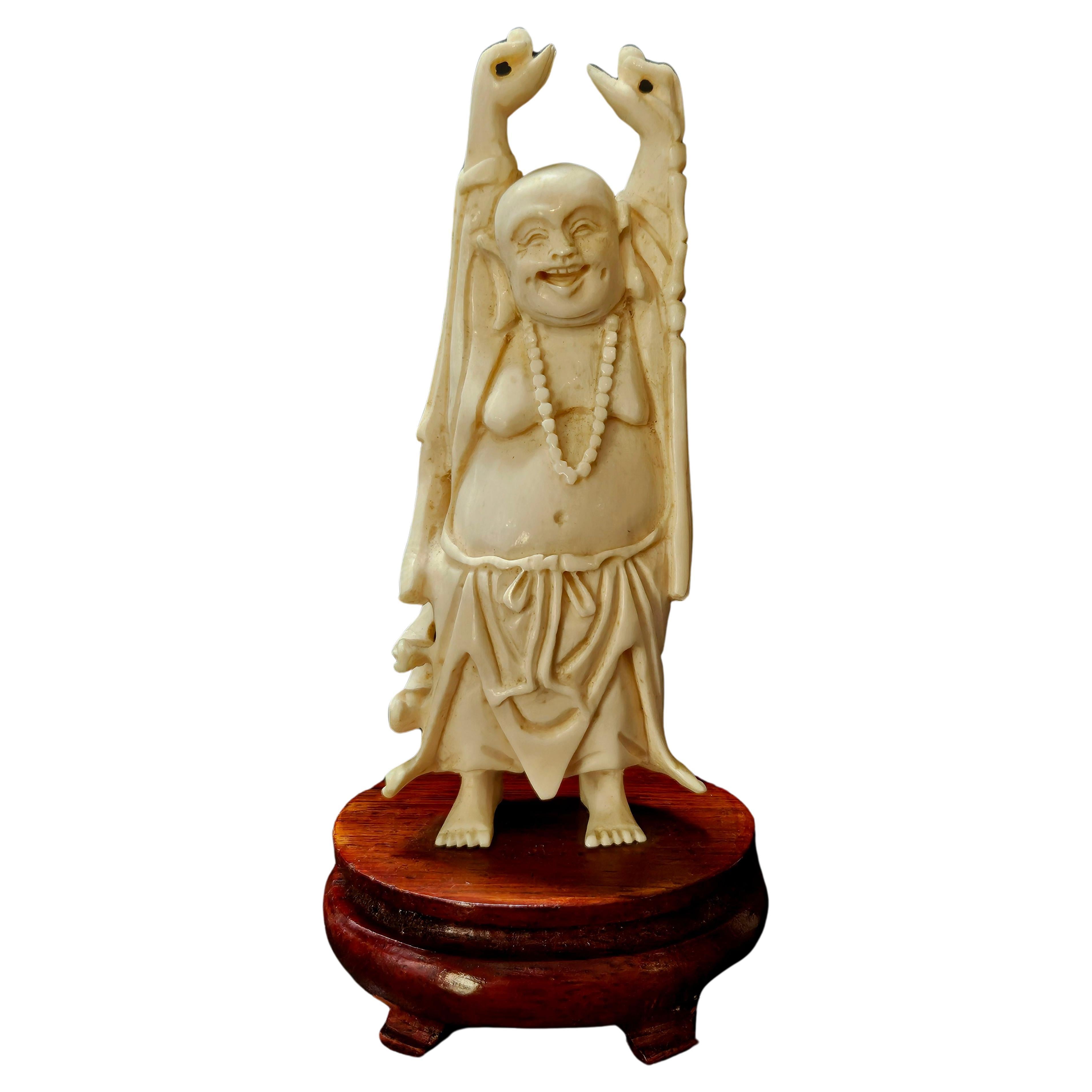 Antique Japanese Carved Okimono Happy Buddha, Meiji Period For Sale