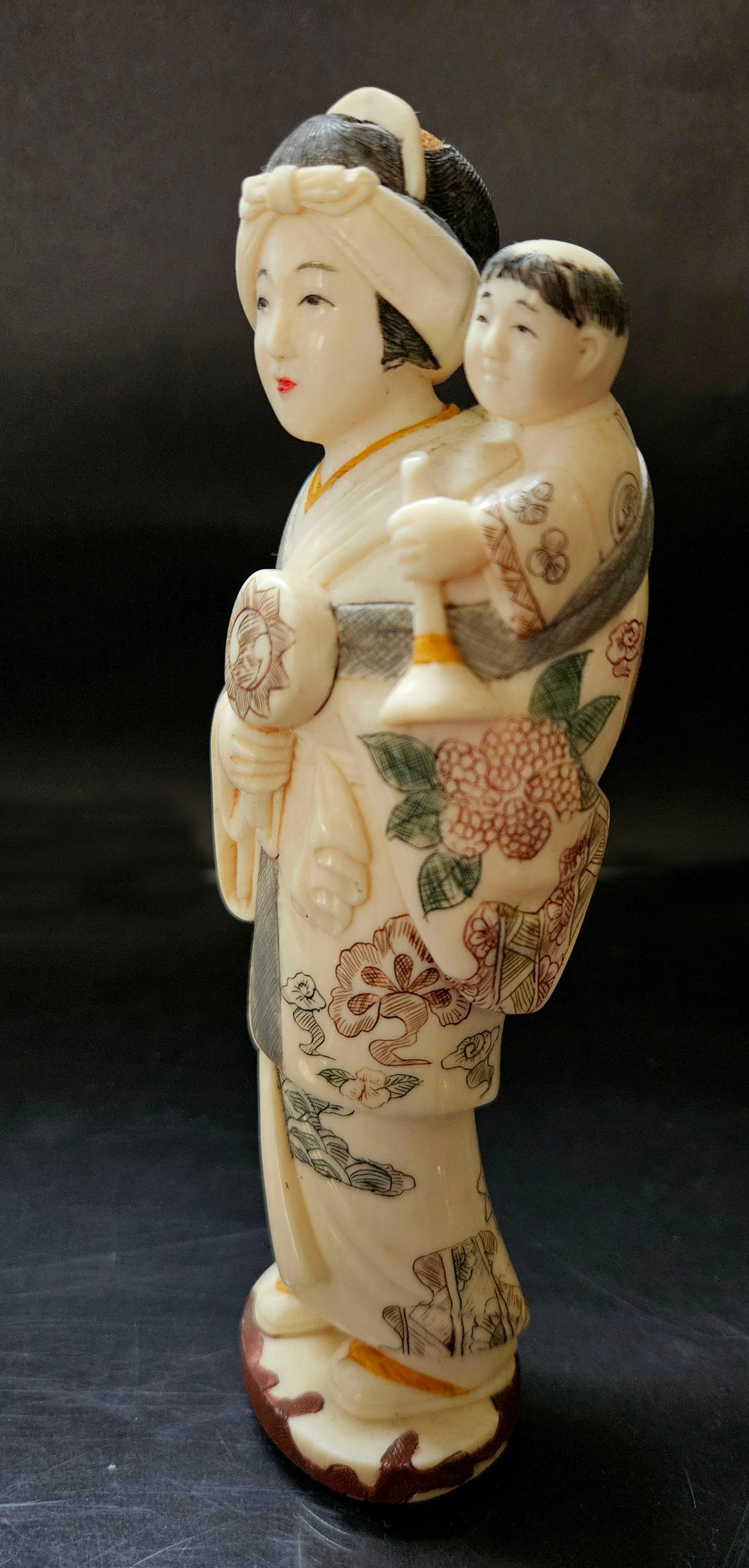 Hand-Crafted Antique Japanese Carved Okimono Polychrome Decorated Group Mother & Son, Meiji  For Sale