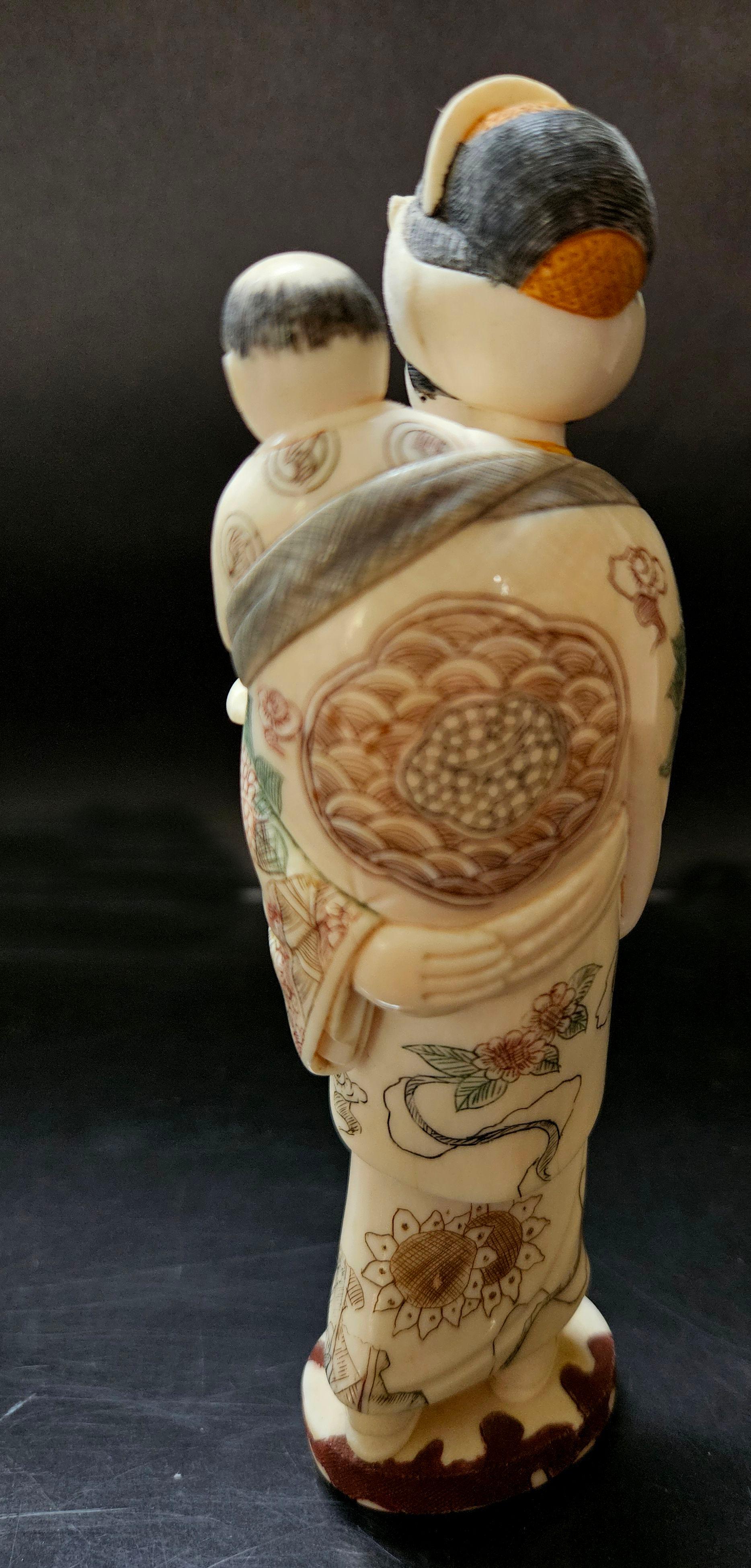 19th Century Antique Japanese Carved Okimono Polychrome Decorated Group Mother & Son, Meiji  For Sale