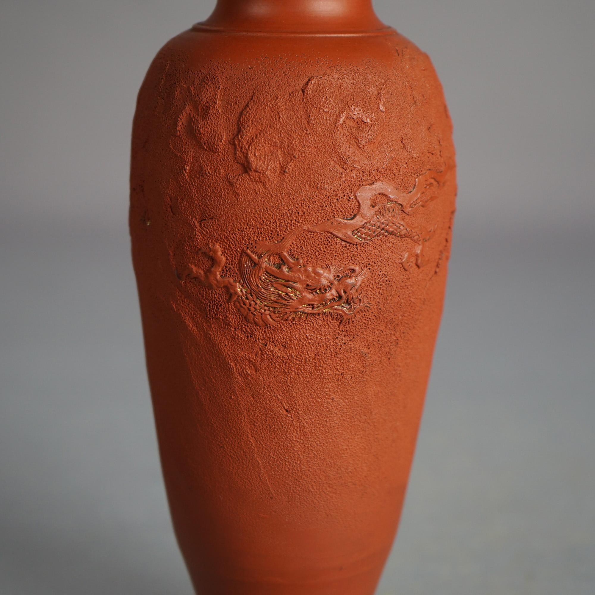 Antique Japanese Carved Relief Terra Cotta Vase with Dragon C1930

Measures - 9.5