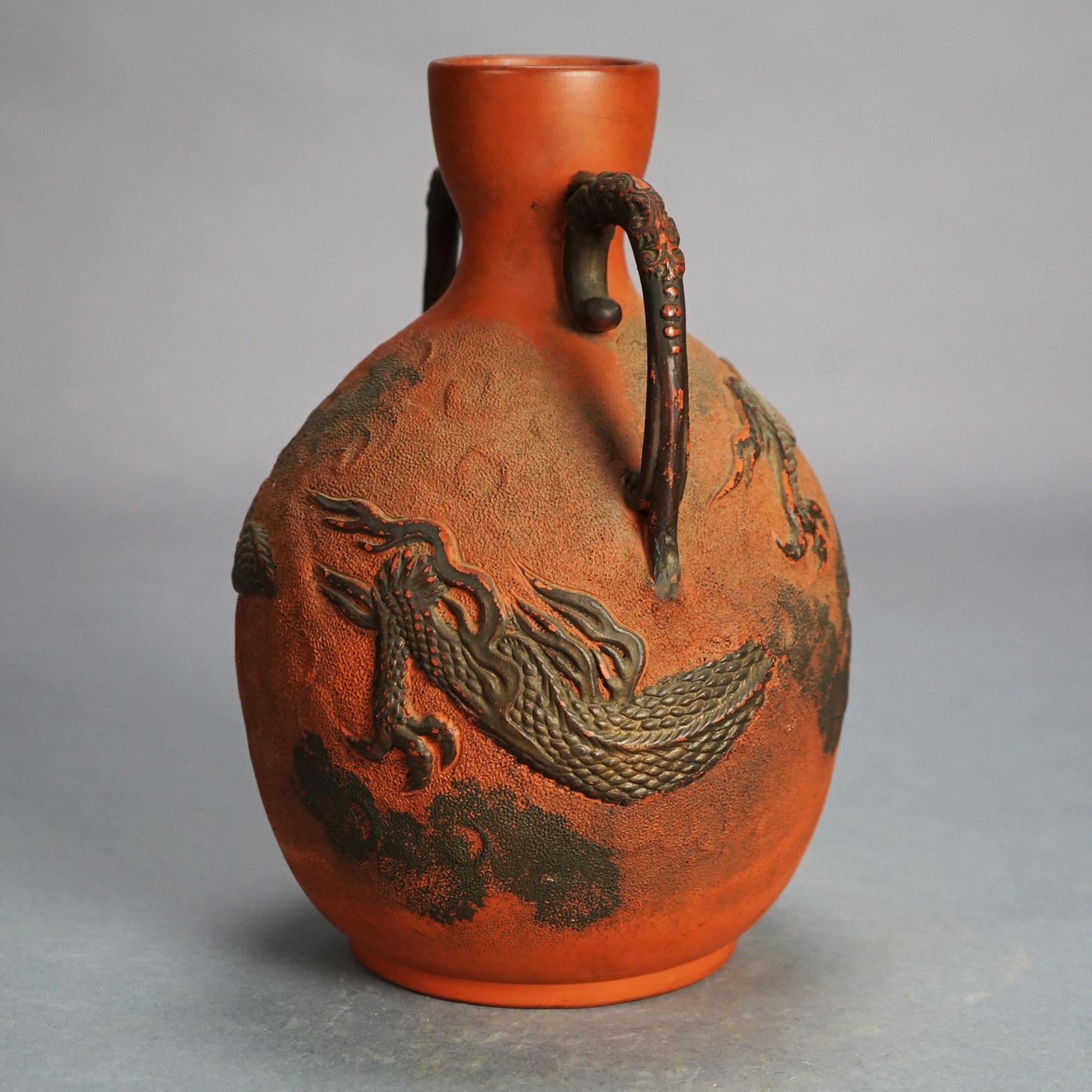 Antique Japanese Carved Relief Terra Cotta Vase C1930 In Good Condition For Sale In Big Flats, NY