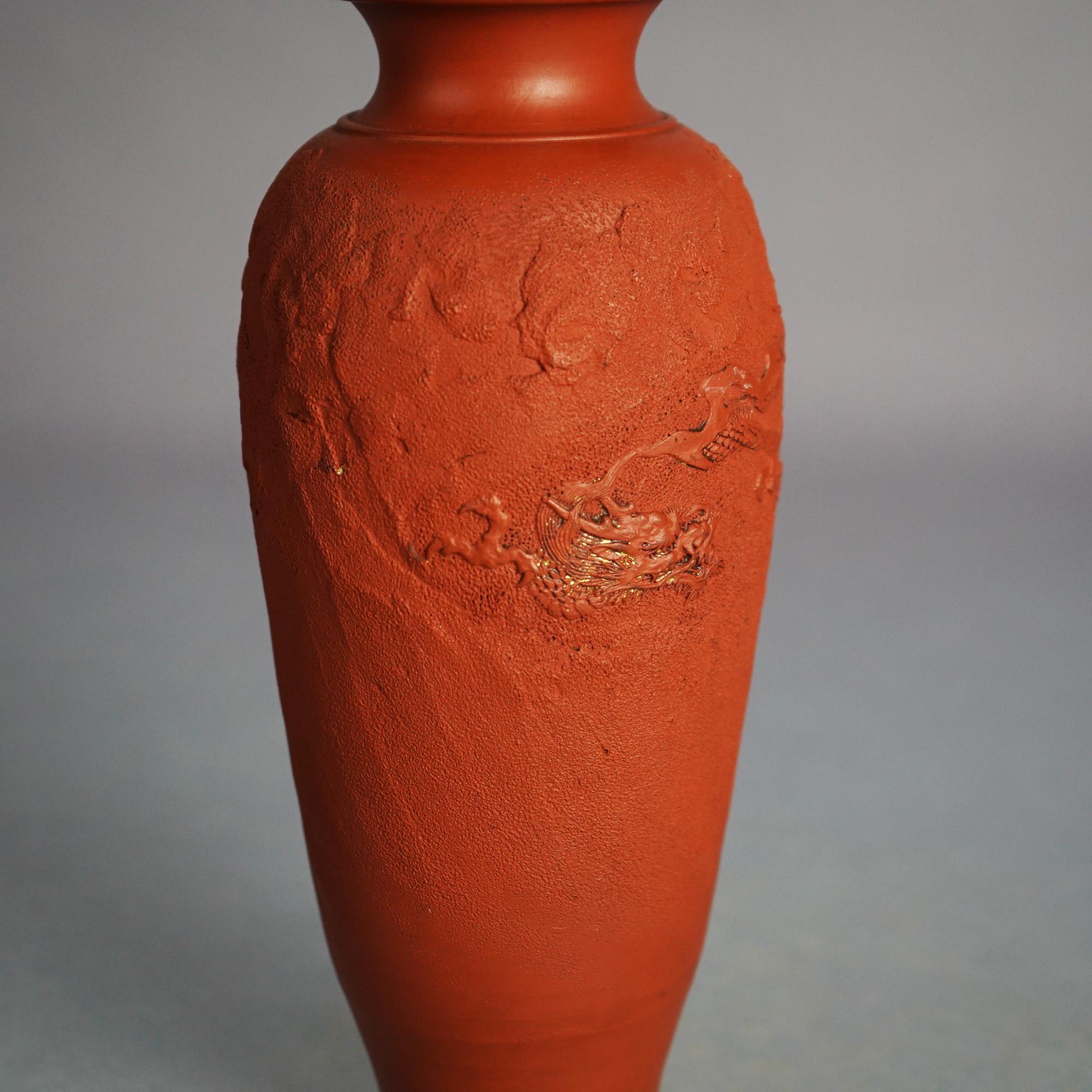 Antique Japanese Carved Relief Terra Cotta Vase C1930 In Good Condition In Big Flats, NY