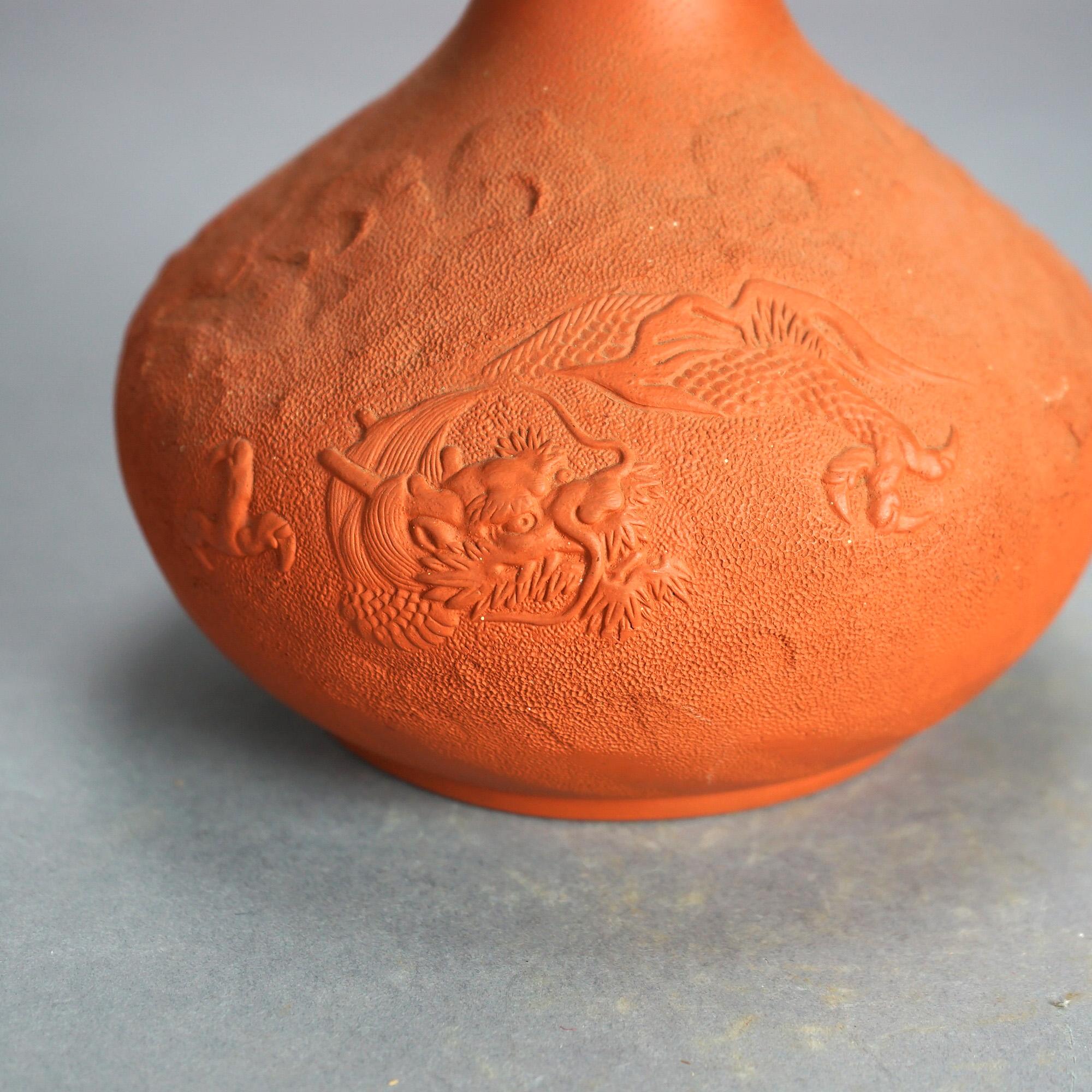 Antique Japanese Carved Relief Terra Cotta Vase C1930 In Good Condition For Sale In Big Flats, NY
