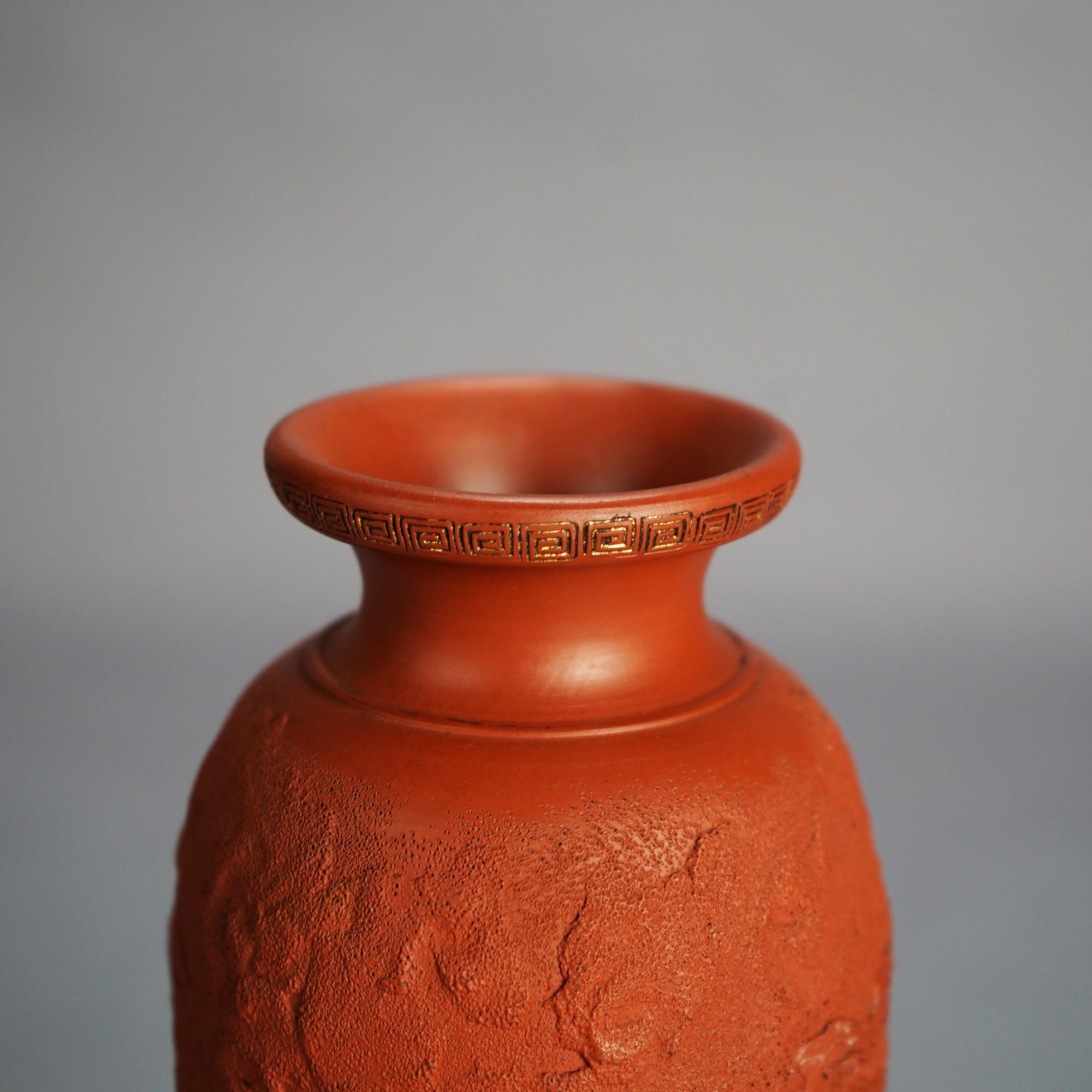 20th Century Antique Japanese Carved Relief Terra Cotta Vase C1930