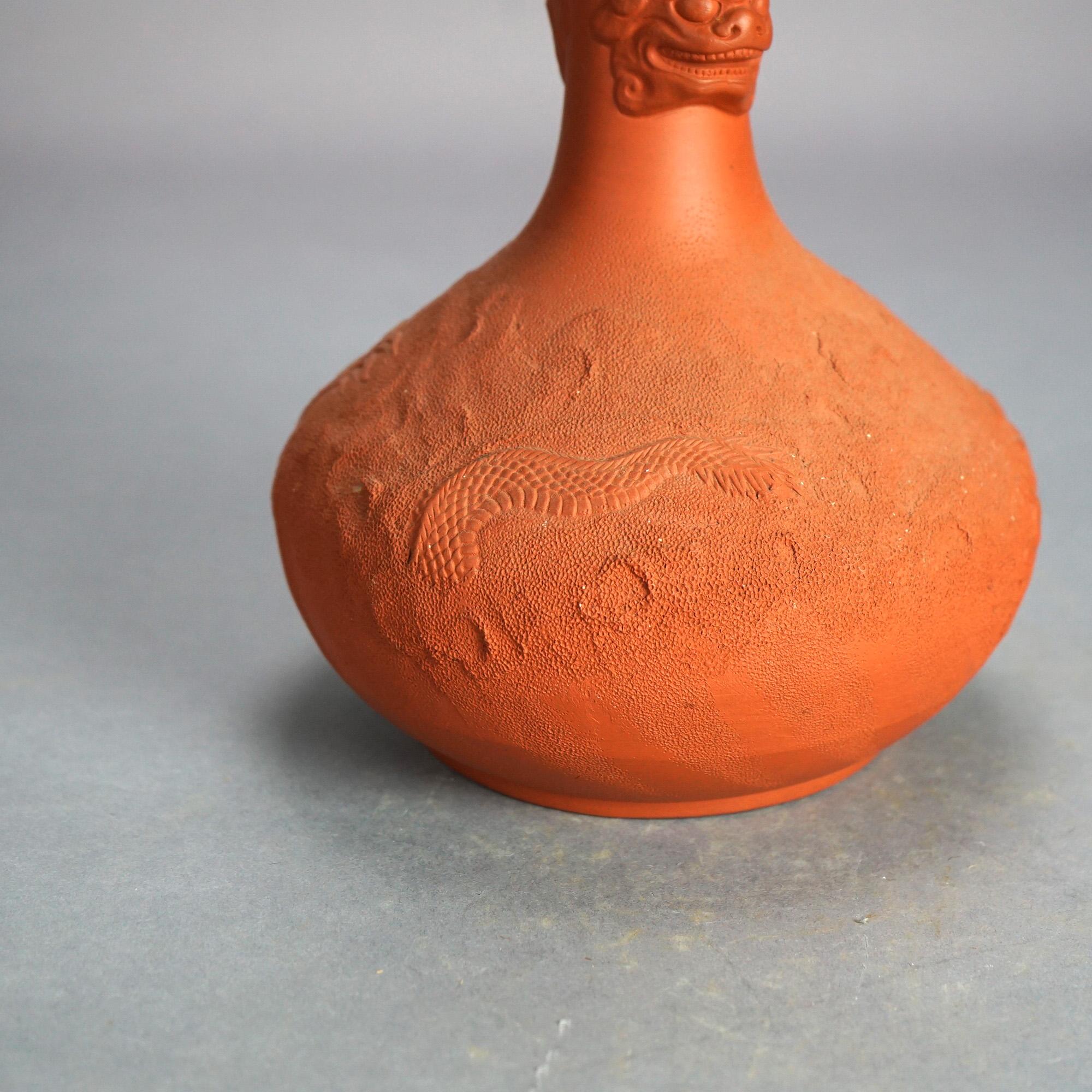 20th Century Antique Japanese Carved Relief Terra Cotta Vase C1930 For Sale