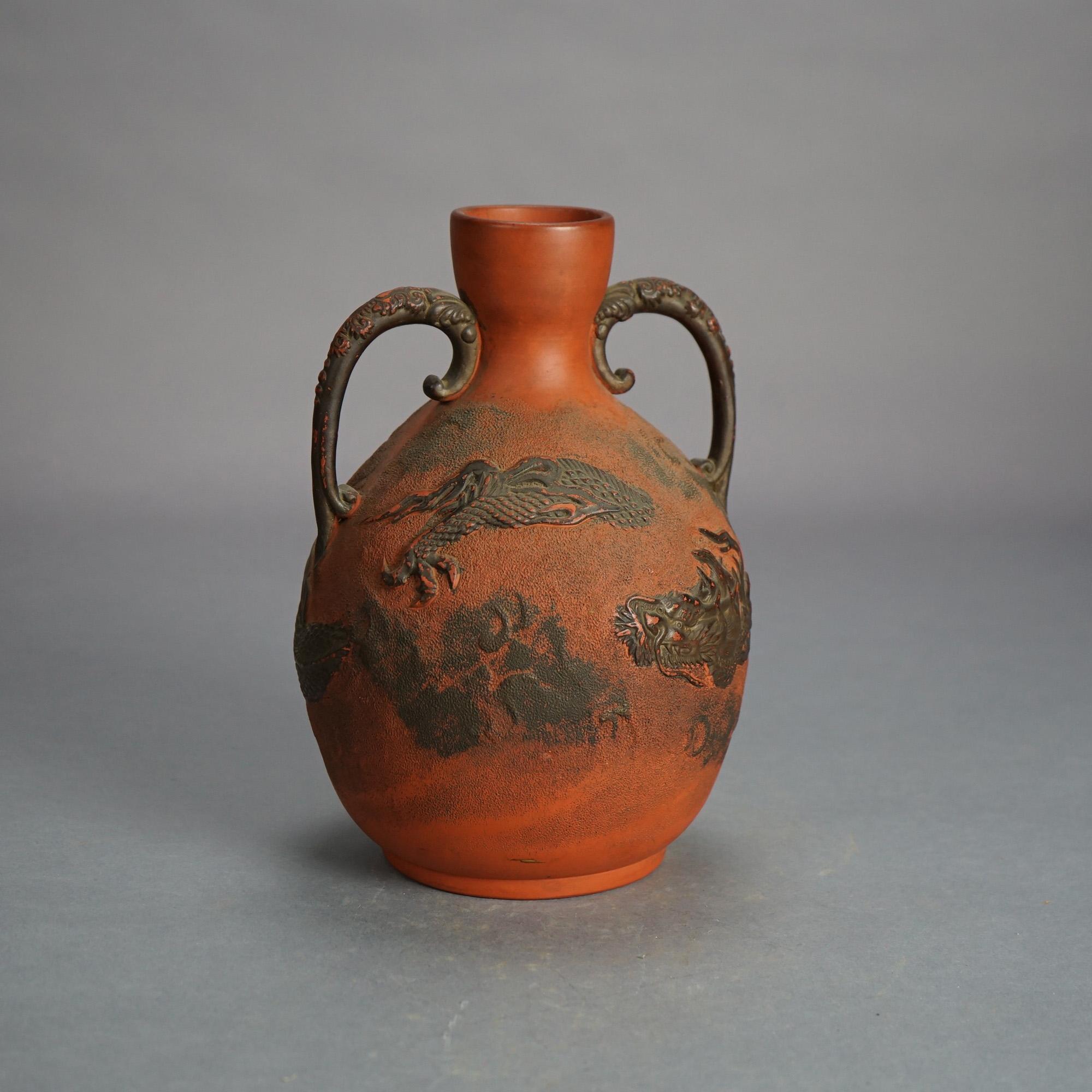 Terracotta Antique Japanese Carved Relief Terra Cotta Vase C1930 For Sale