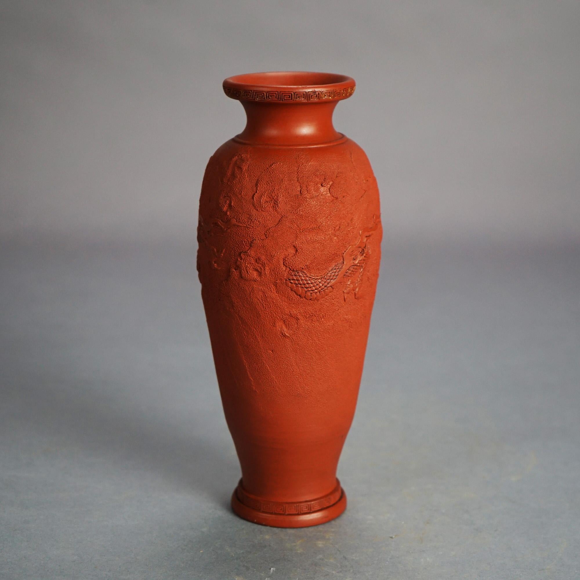 Terracotta Antique Japanese Carved Relief Terra Cotta Vase C1930