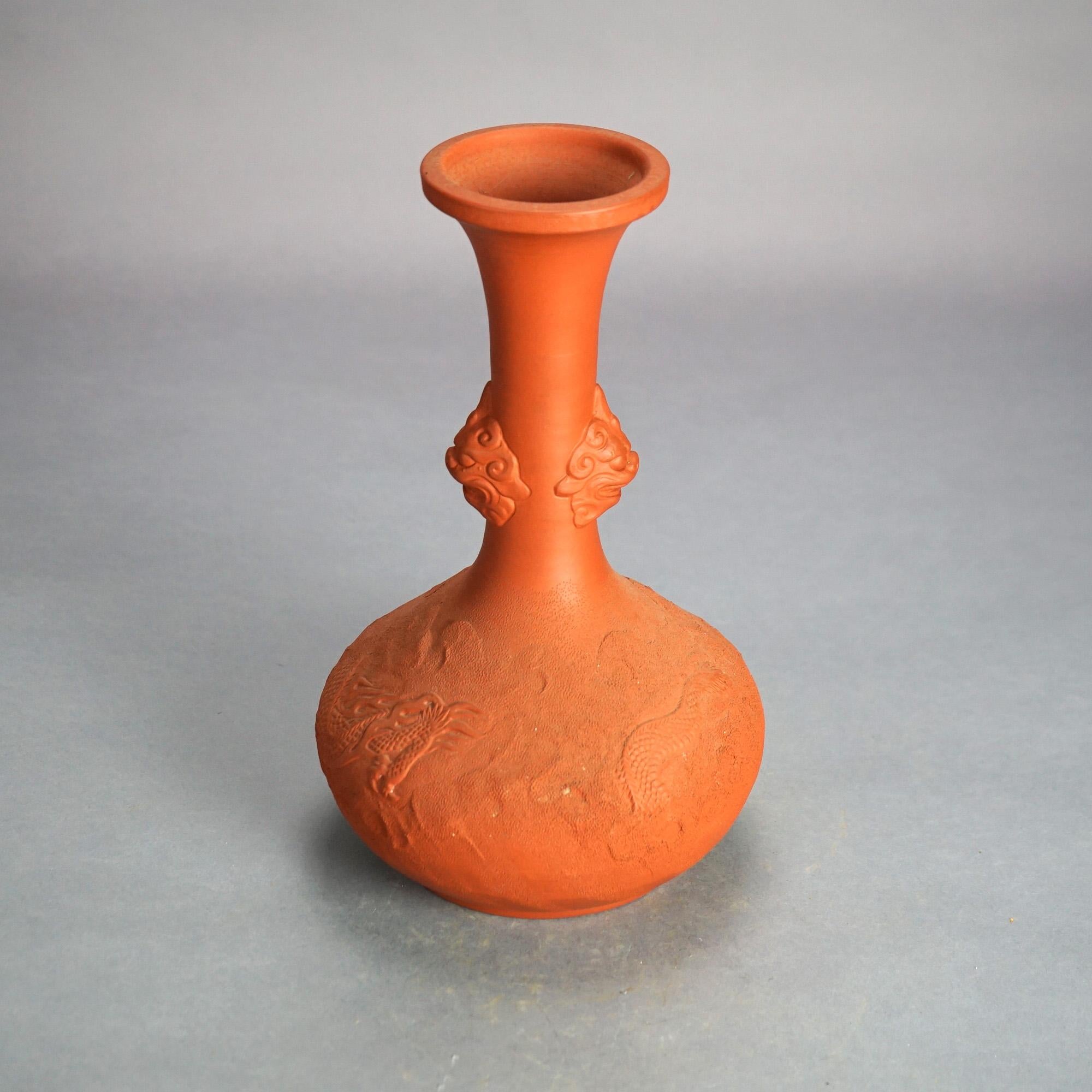 Terracotta Antique Japanese Carved Relief Terra Cotta Vase C1930 For Sale