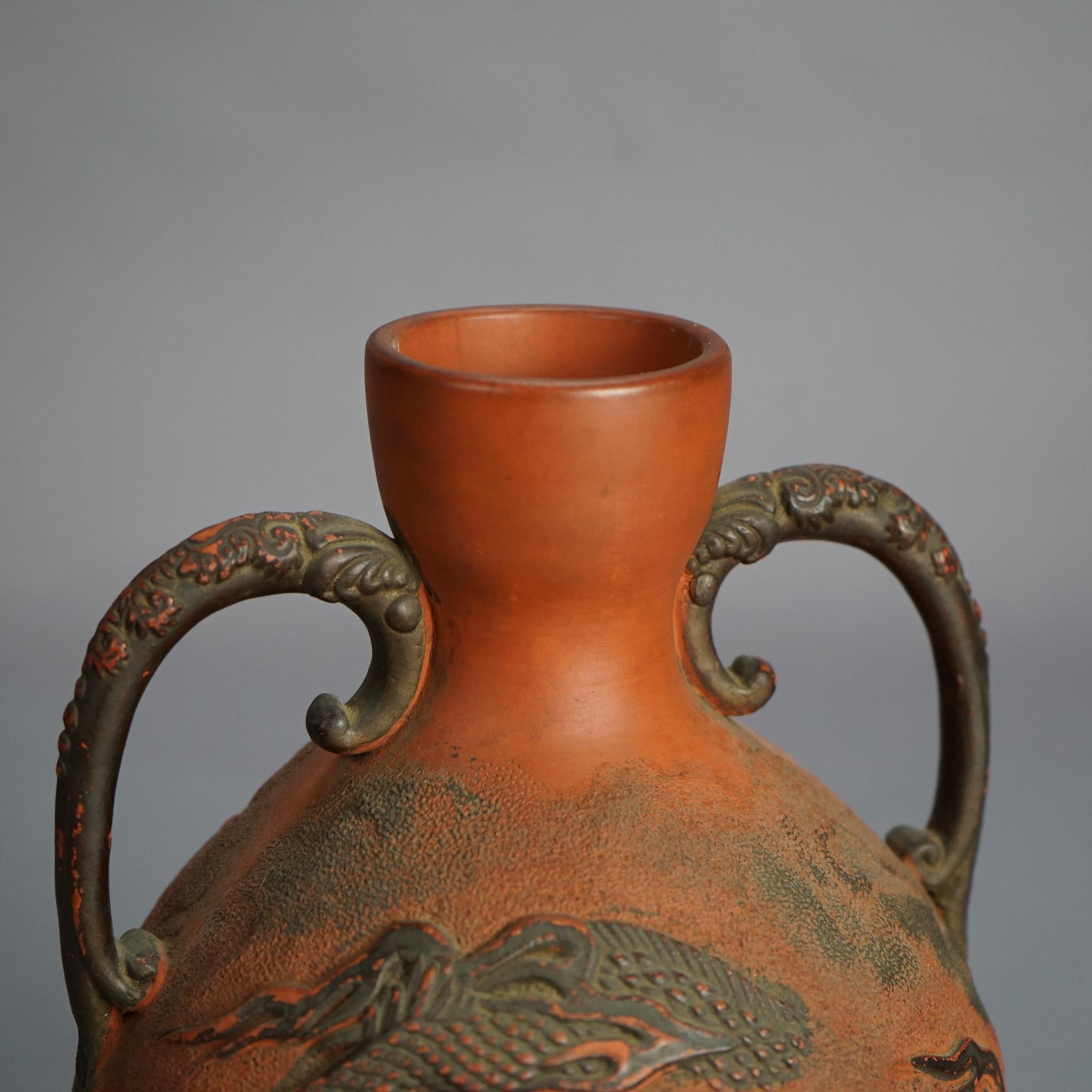 Antique Japanese Carved Relief Terra Cotta Vase C1930 For Sale 1