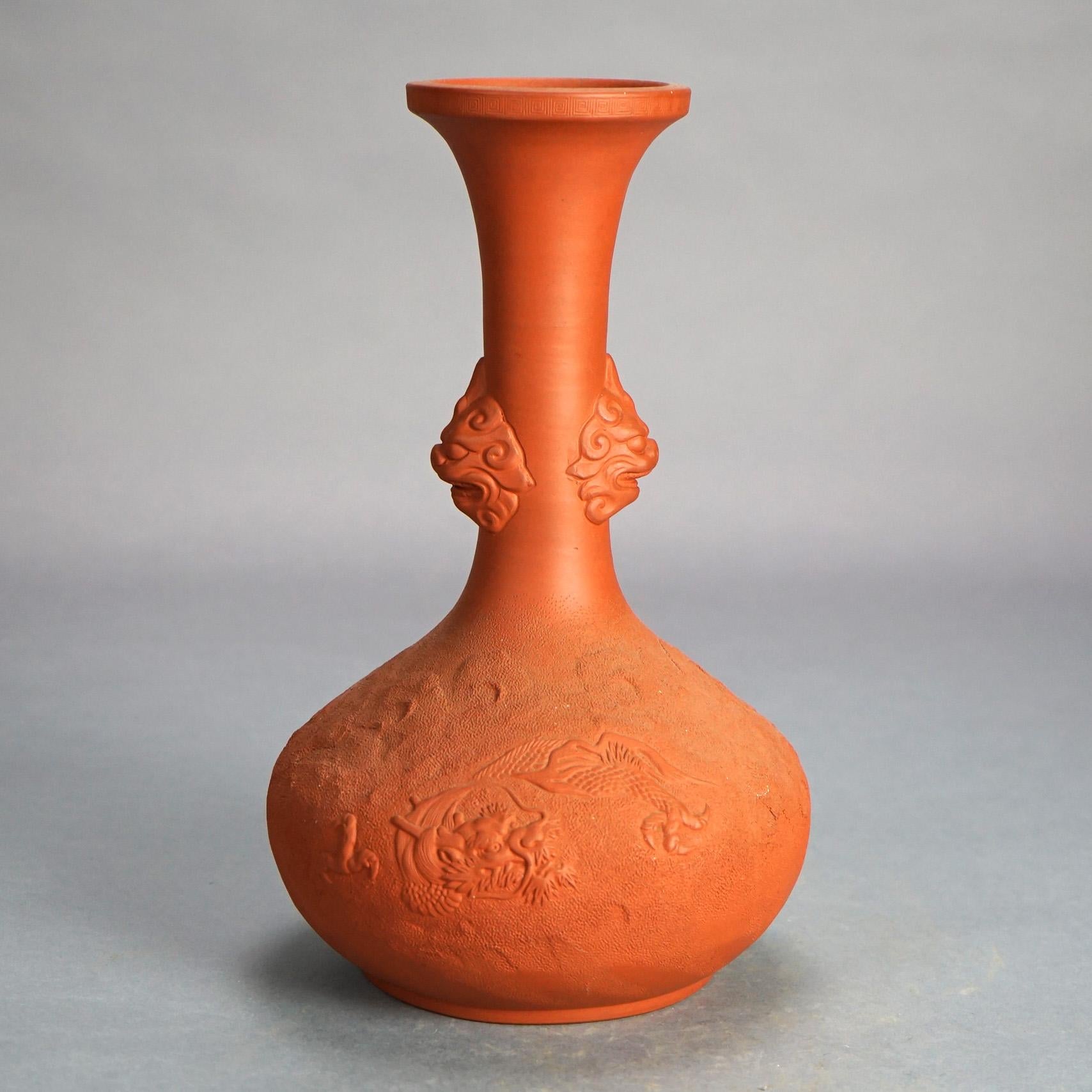 Antique Japanese Carved Relief Terra Cotta Vase C1930 For Sale 1