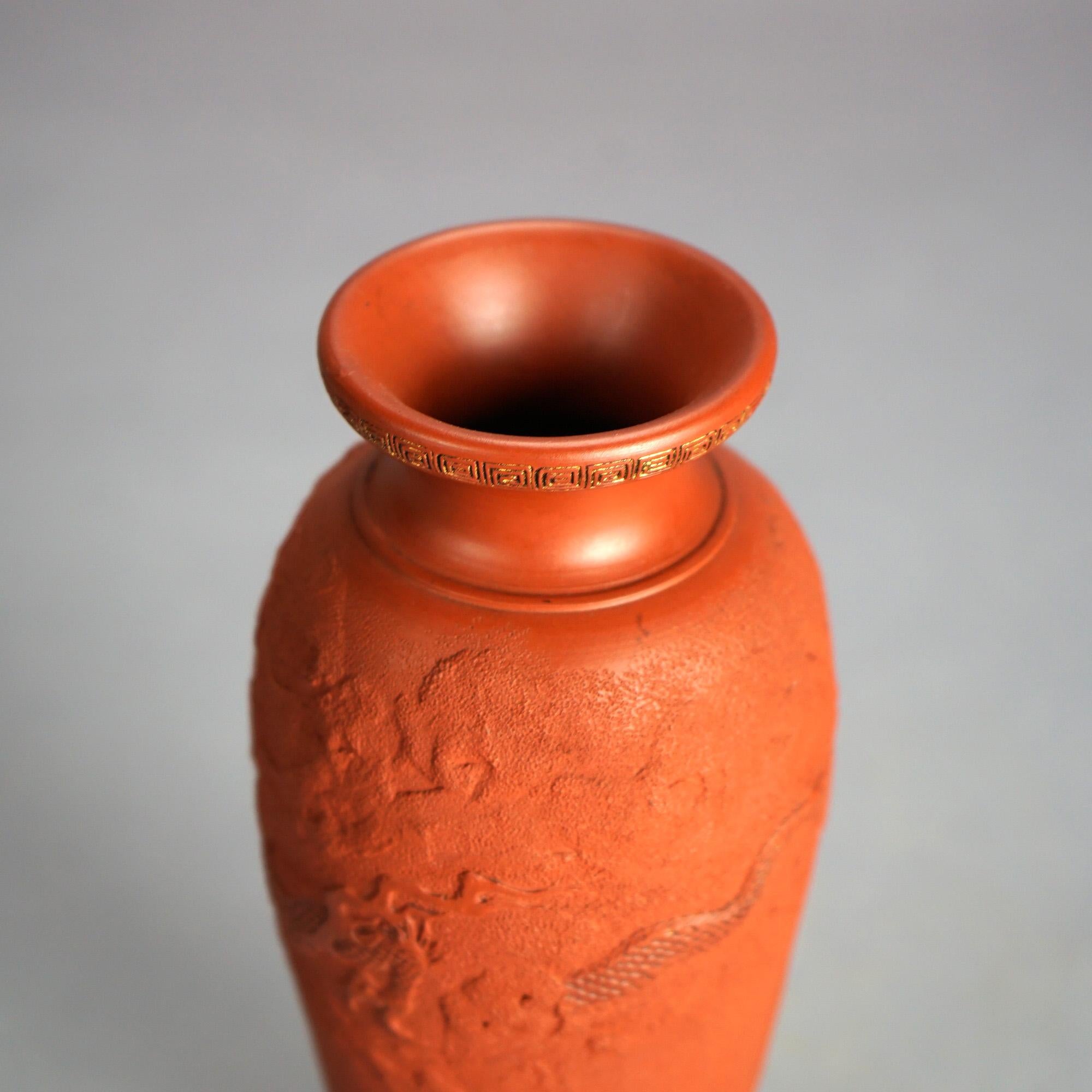 Antique Japanese Carved Relief Terra Cotta Vase C1930 2