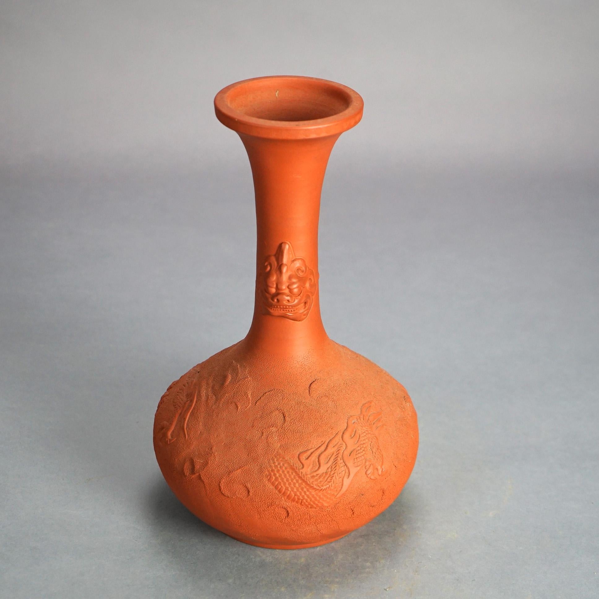 Antique Japanese Carved Relief Terra Cotta Vase C1930 For Sale 2