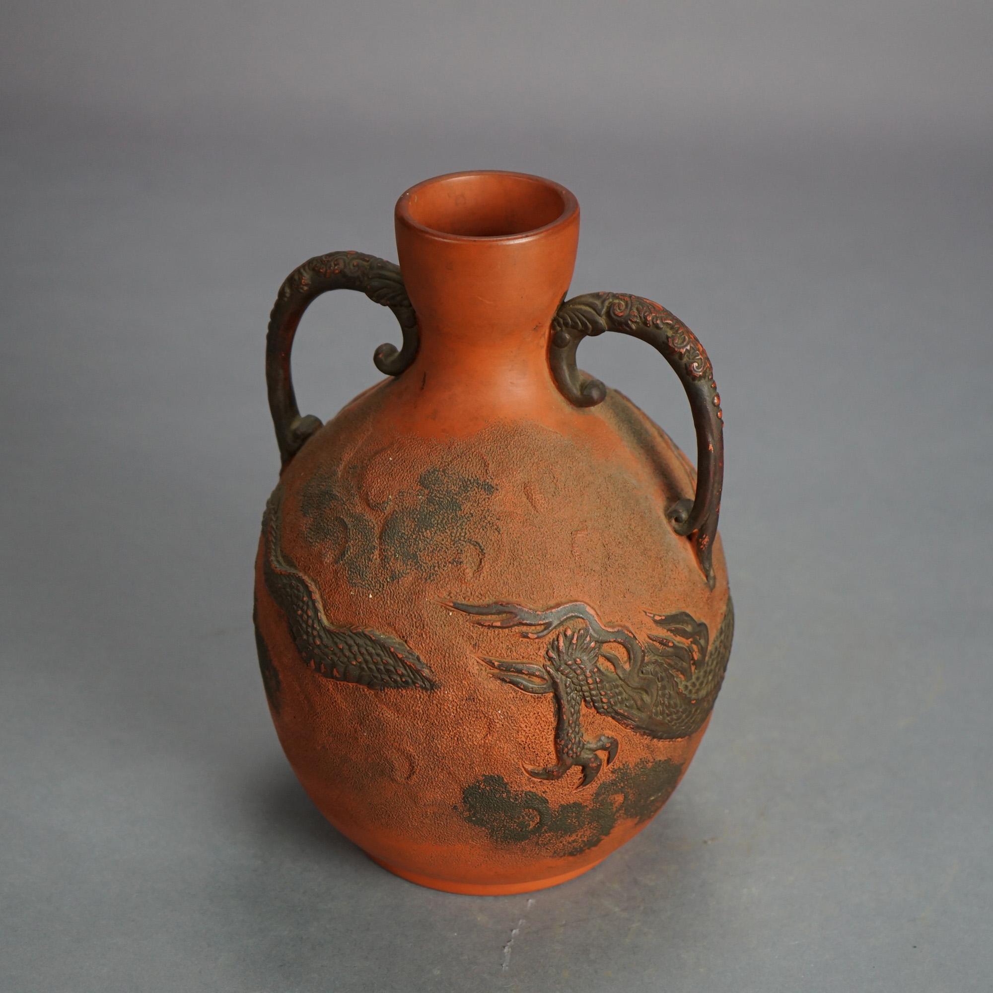 Antique Japanese Carved Relief Terra Cotta Vase C1930 For Sale 3