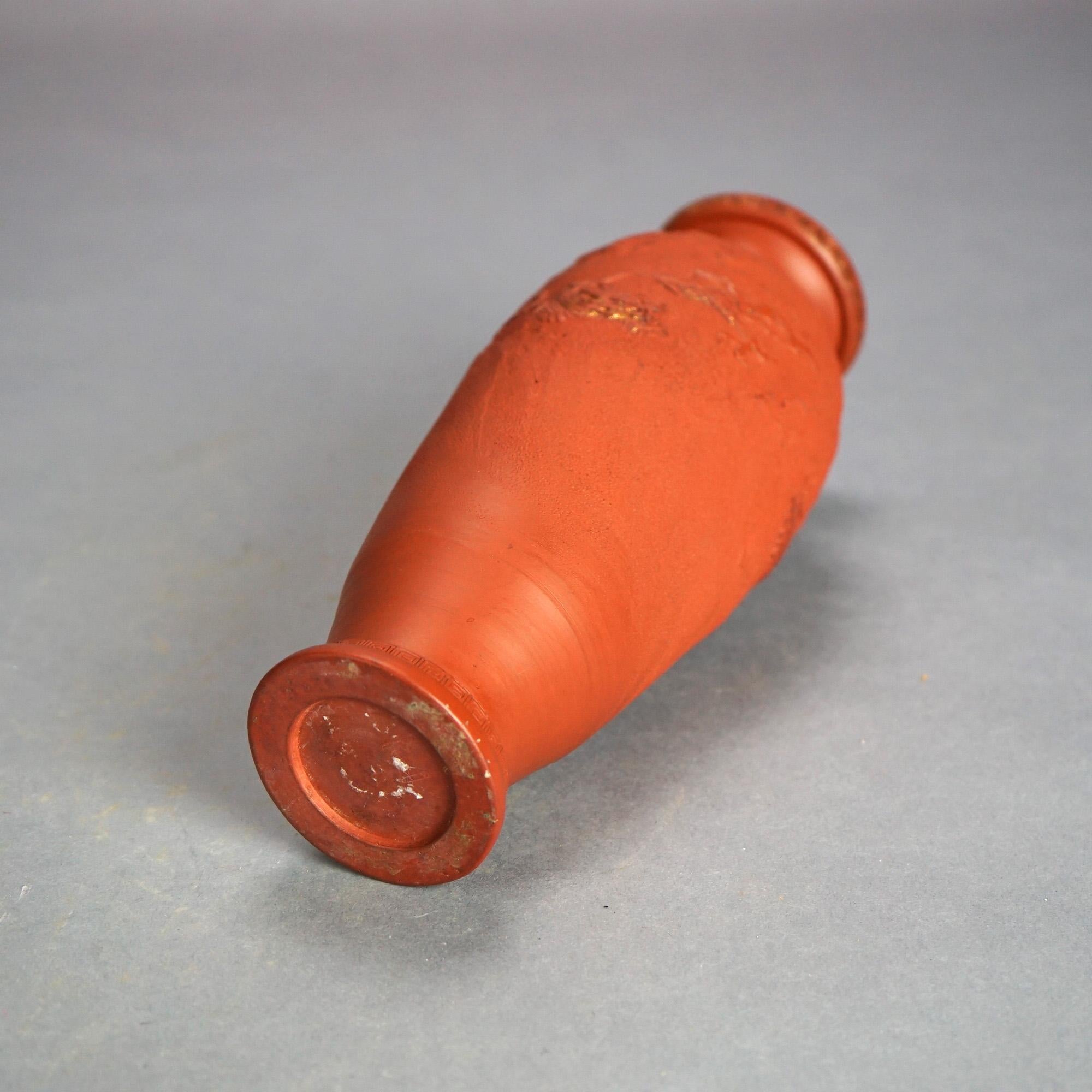 Antique Japanese Carved Relief Terra Cotta Vase C1930 3