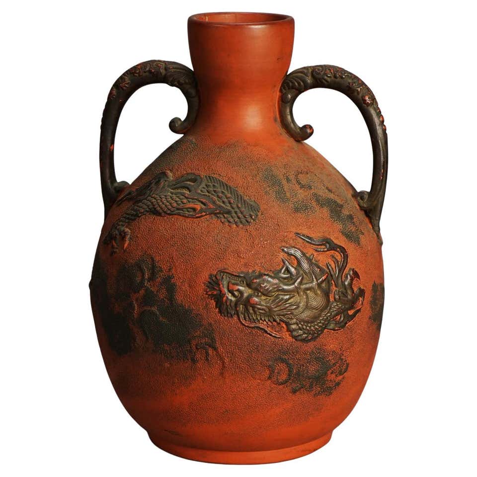 Antique Japanese Carved Relief Terra Cotta Vase C1930 For Sale at 1stDibs