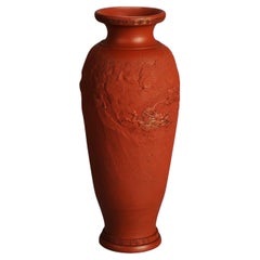 Antique Japanese Carved Relief Terra Cotta Vase C1930