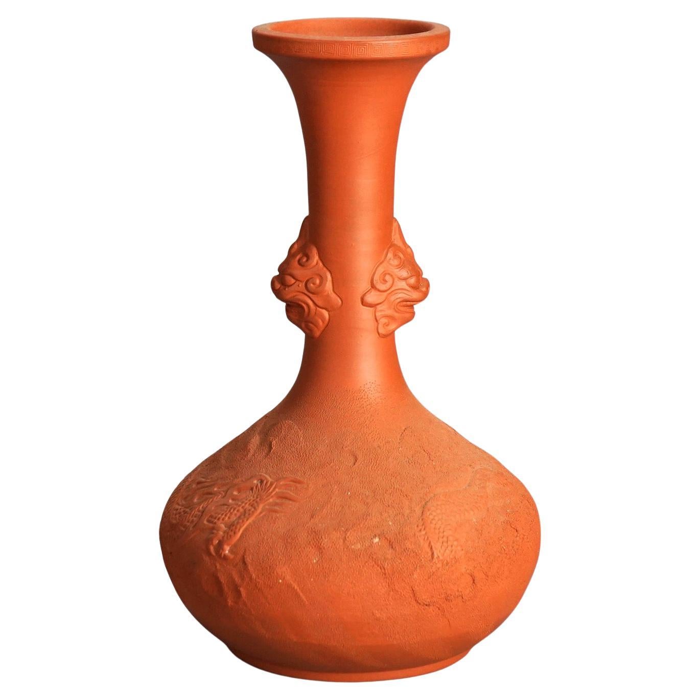 Antique Japanese Carved Relief Terra Cotta Vase C1930