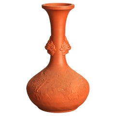 Antique Japanese Carved Relief Terra Cotta Vase C1930