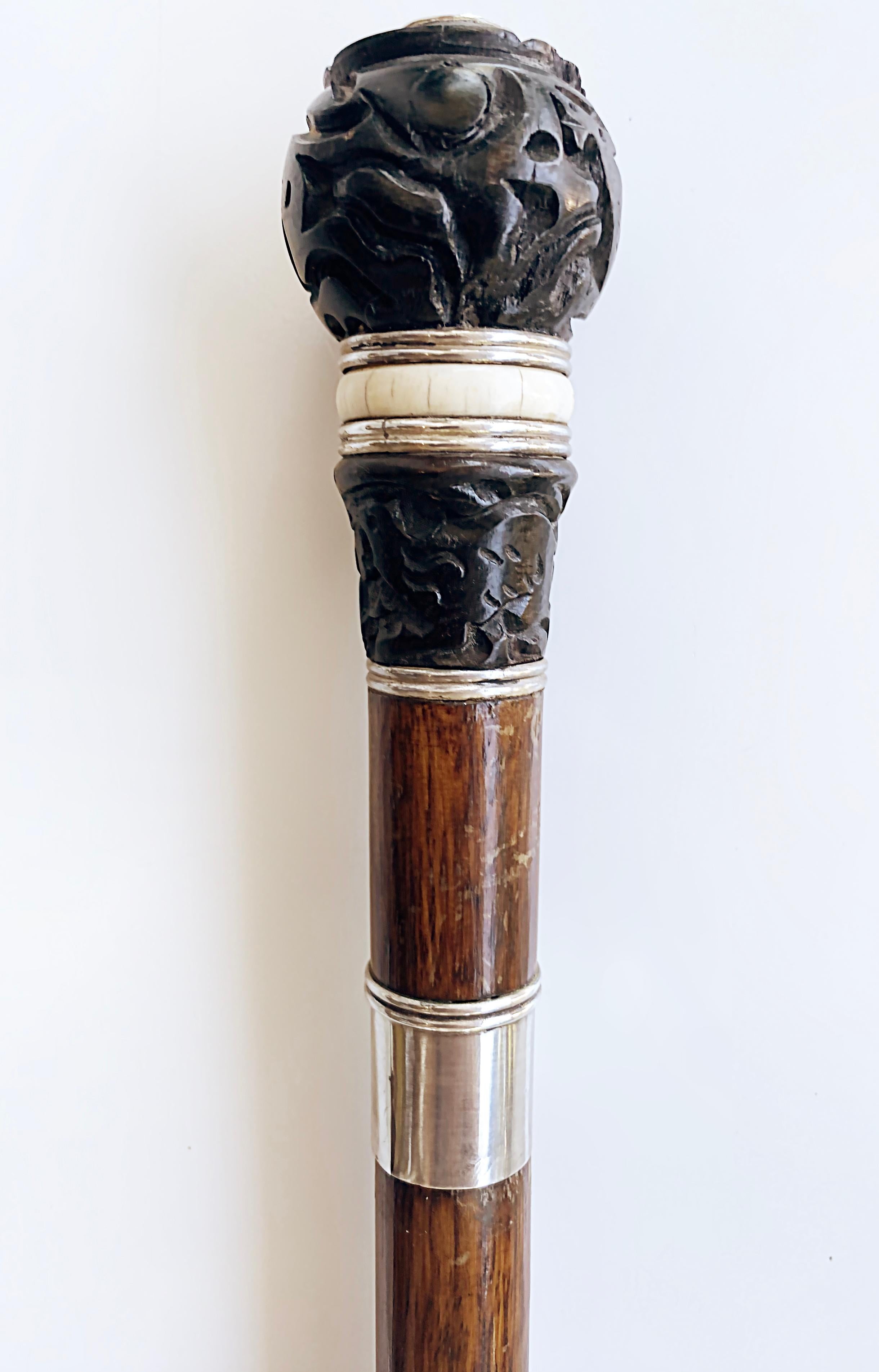 Antique Japanese Carved, Silver, Bone Dagger Walking Stick For Sale 1