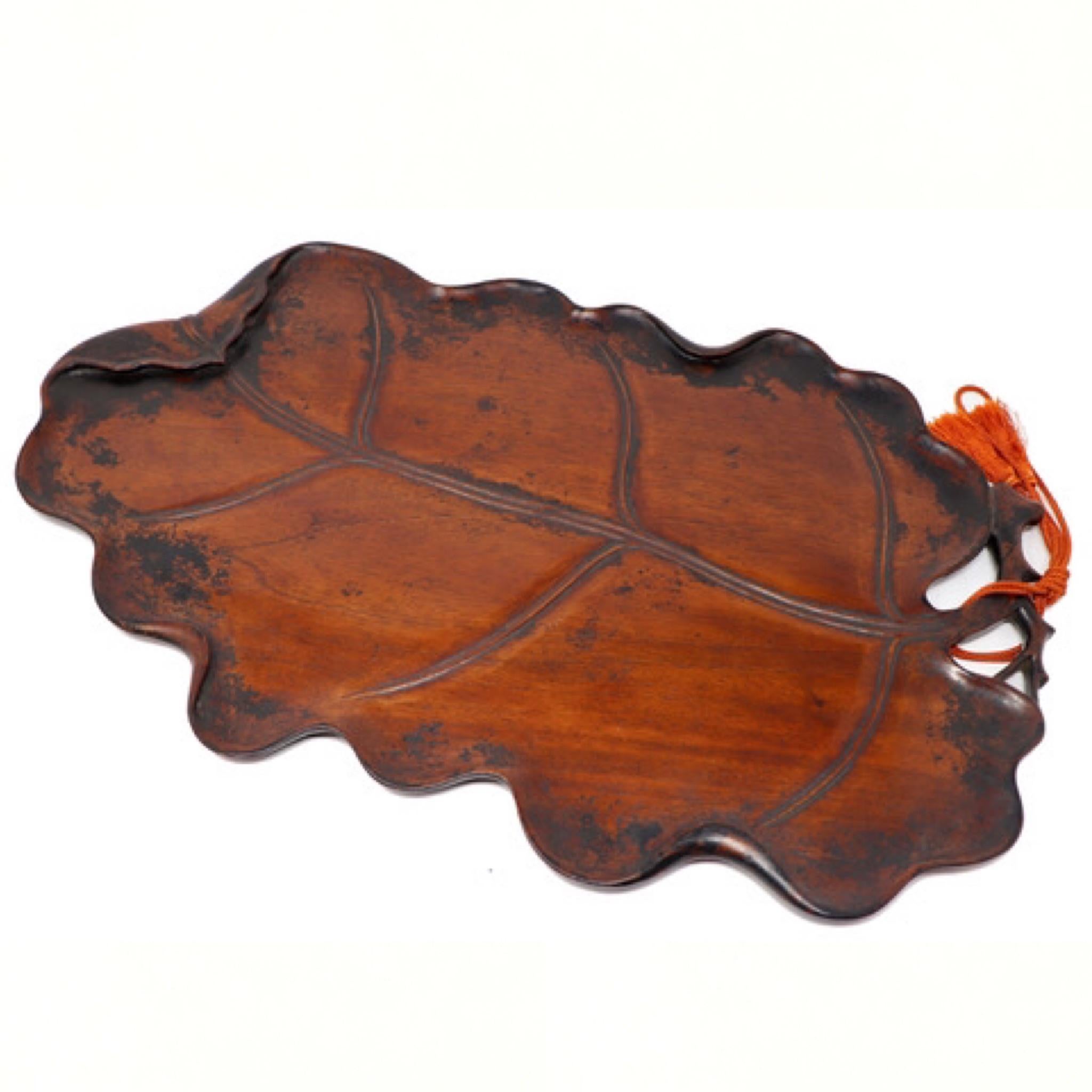 Taisho Antique Japanese Carved Wood Leaf Shaped Tea Tray