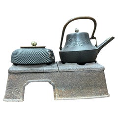 Antique Japanese Cast Iron Tetsubin Tea Pots on Cast Iron Hibachi Stand