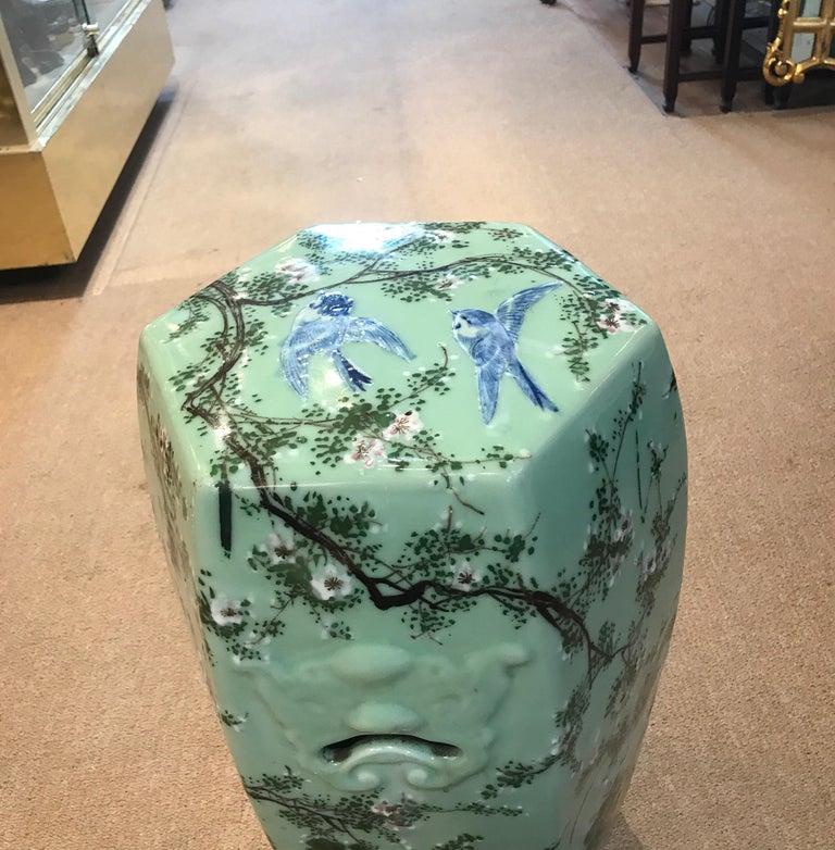 Antique Japanese Celadon Hand Painted Porcelain Garden Seat For Sale at