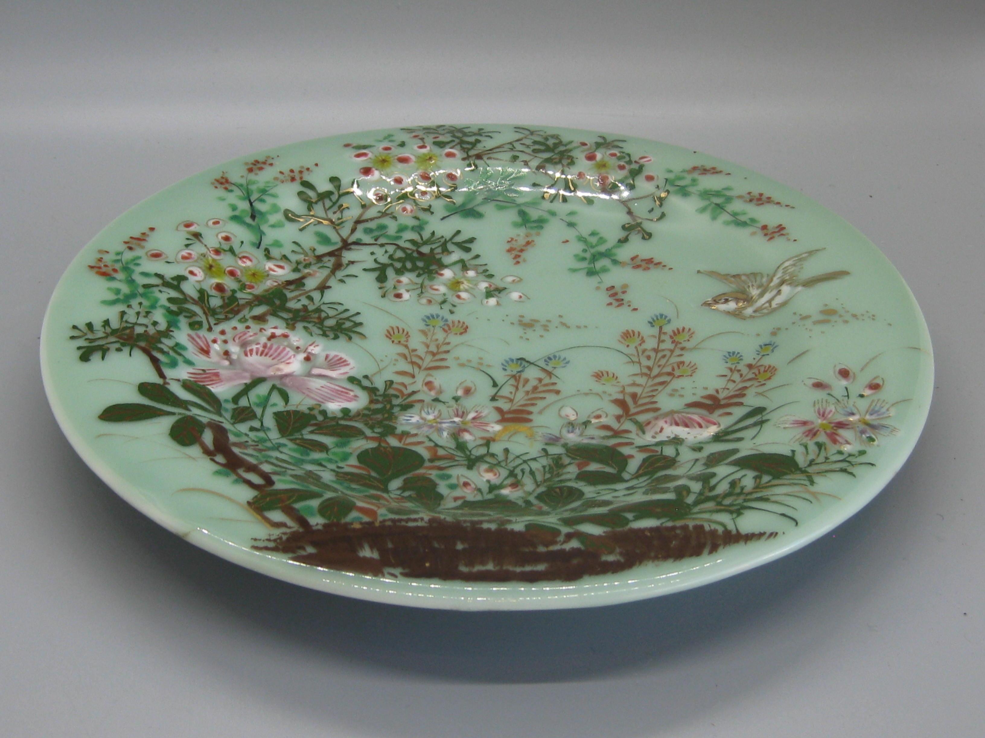 Antique Japanese Celadon Imari Nabeshima Enamel Porcelain Plate Meiji Era Signed For Sale 3