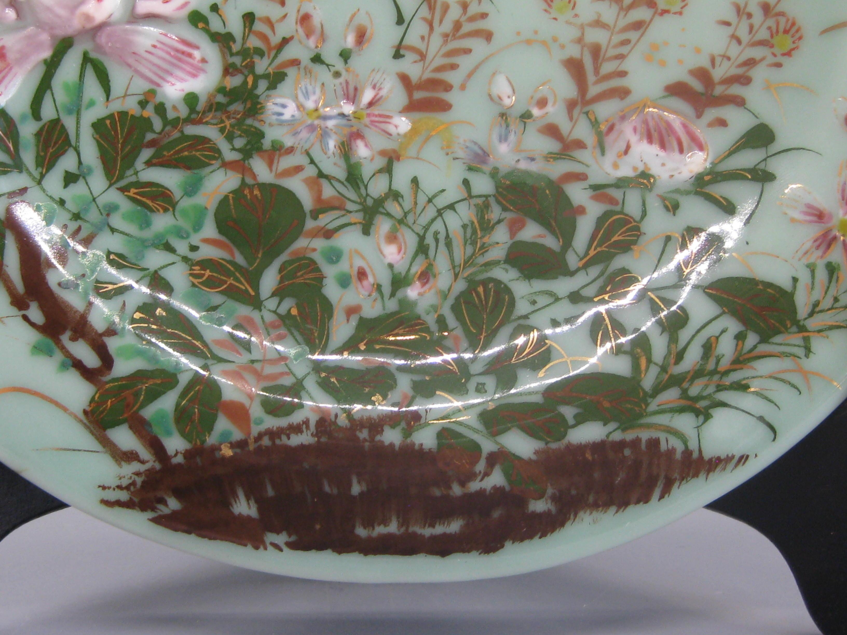 Antique Japanese Celadon Imari Nabeshima Enamel Porcelain Plate Meiji Era Signed In Excellent Condition For Sale In San Diego, CA