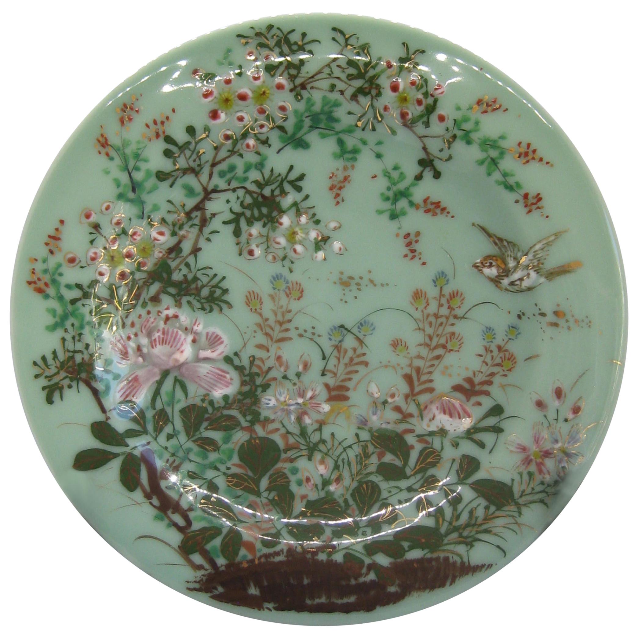 Antique Japanese Celadon Imari Nabeshima Enamel Porcelain Plate Meiji Era Signed For Sale