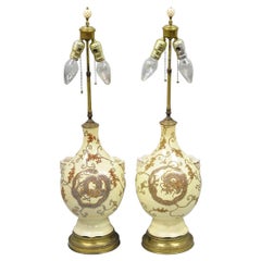Antique Japanese Ceramic Beige Figural Dragon Vase Form Table Lamps - a Pair