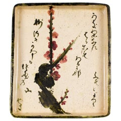 Antique Japanese Ceramic Tray with Plum And Calligraphy Design