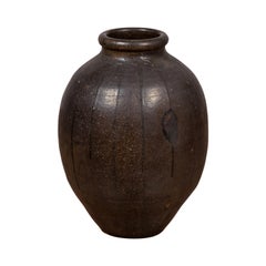 Antique Japanese Ceramic Vase with Dark Brown Patina and Dripping Accents