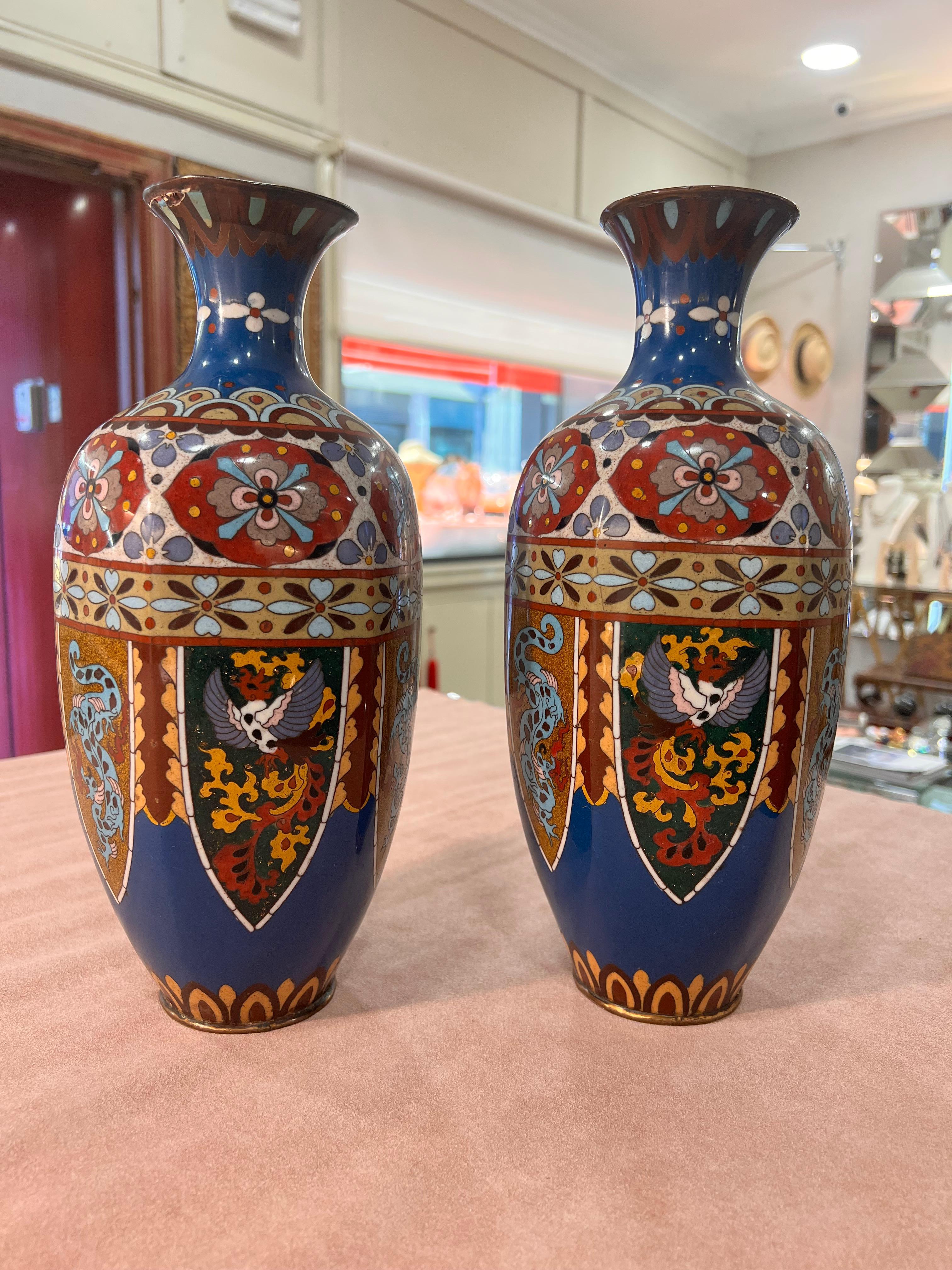 Chinese Ceramic vases early XX century 
Beautiful pieces for central decor of living room or main reception area.
Beautiful blue and ocre colors with dragons and mytholgical birds.
Sizes 33 x 13 cm / 12.99 x 5.11 inches. 
Signes AS 1/2

PRADERA is a