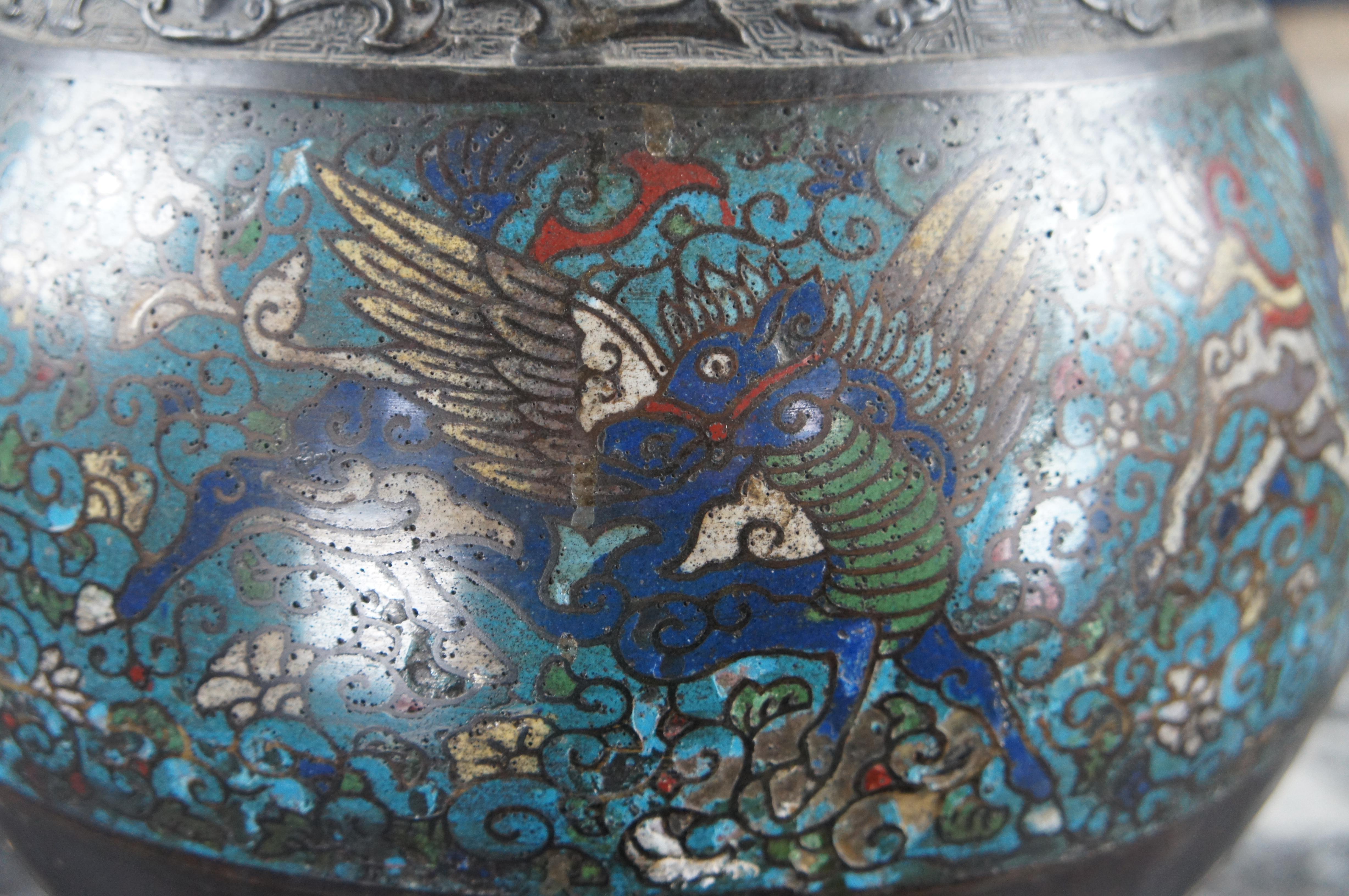 Antique Japanese Champleve Bronze Flower Vase Urn Pegasus Butterfly Cloisonné For Sale 5