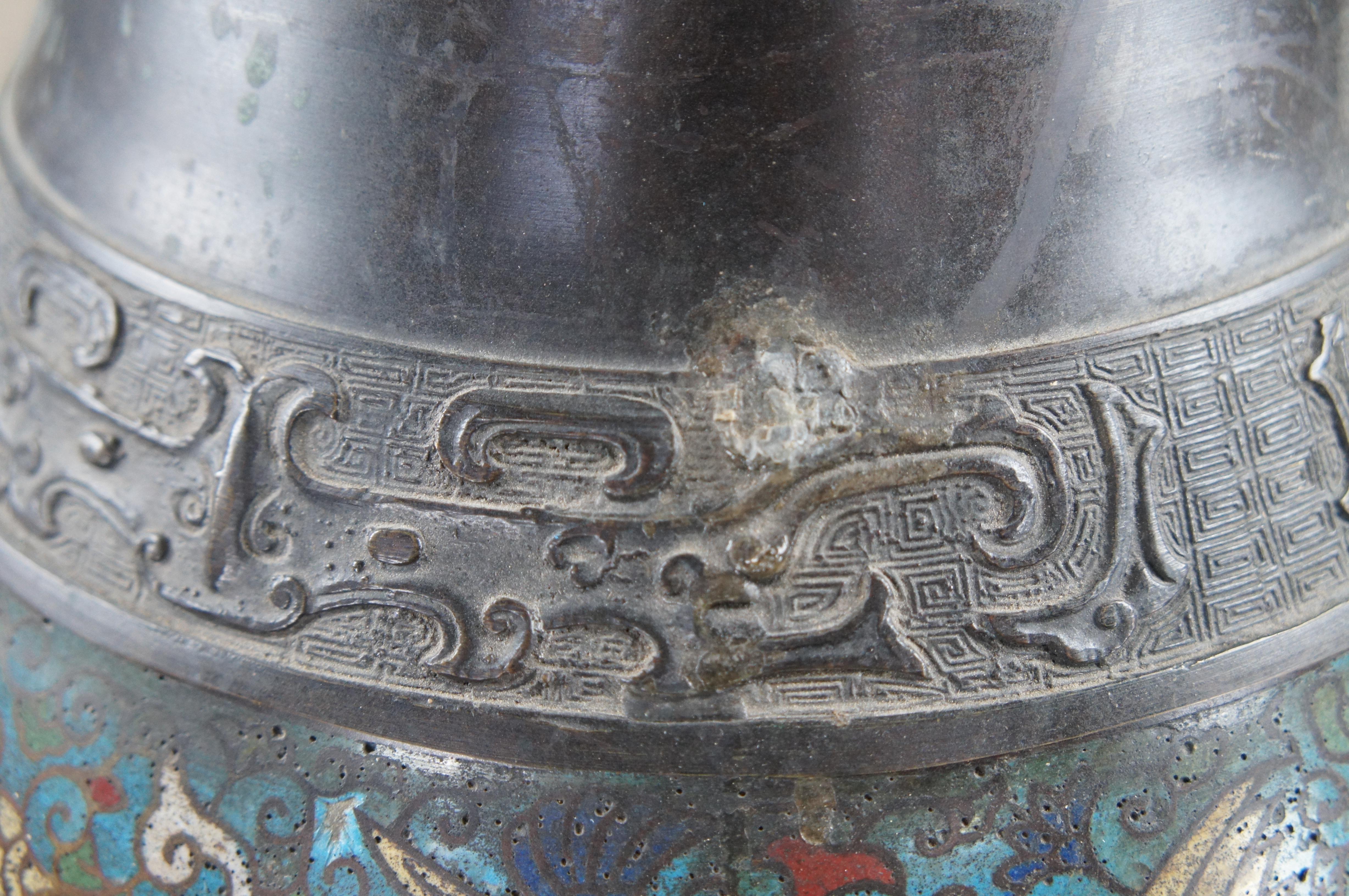 Antique Japanese Champleve Bronze Flower Vase Urn Pegasus Butterfly Cloisonné For Sale 6