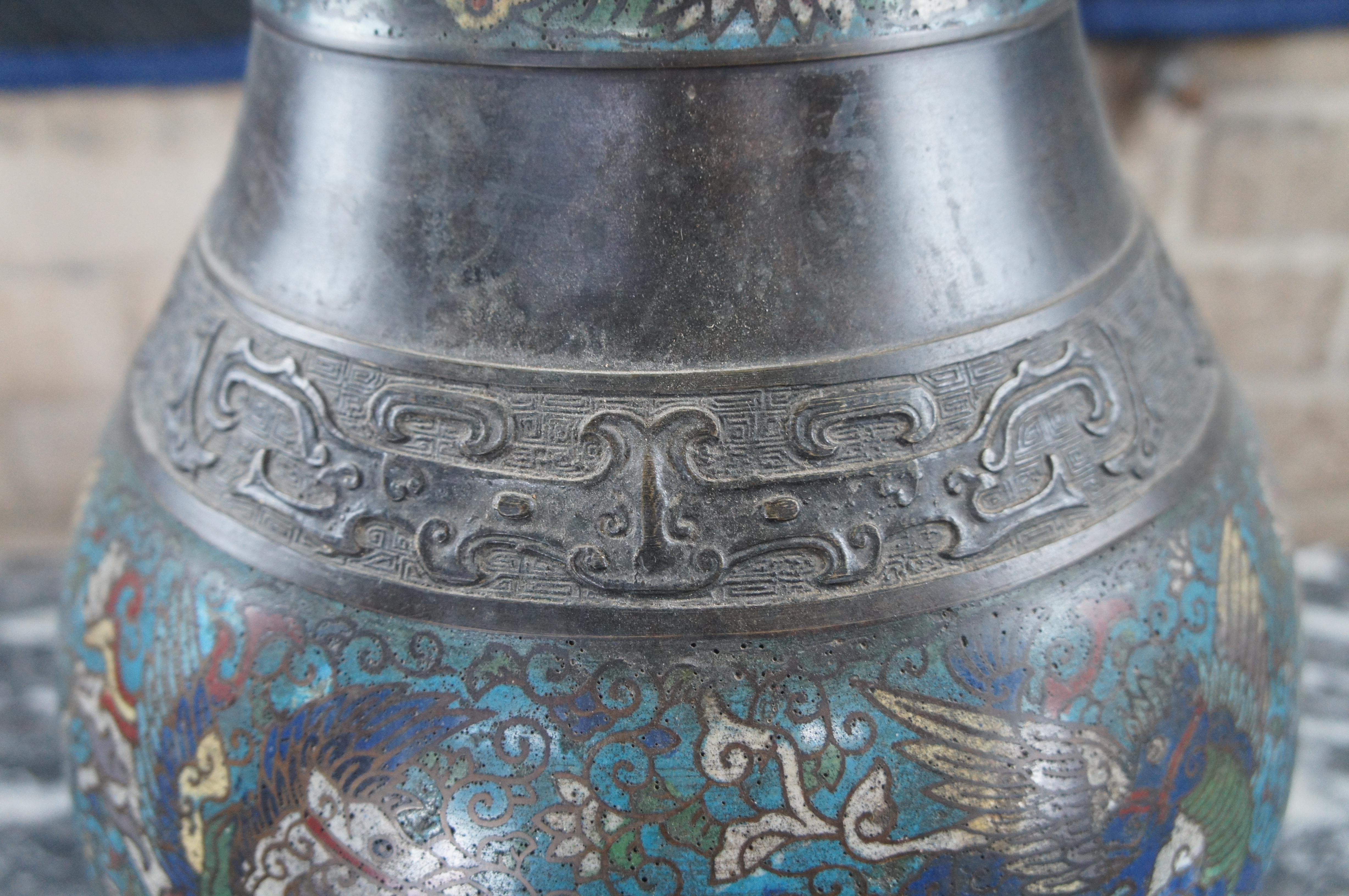 Antique Japanese Champleve Bronze Flower Vase Urn Pegasus Butterfly Cloisonné For Sale 7