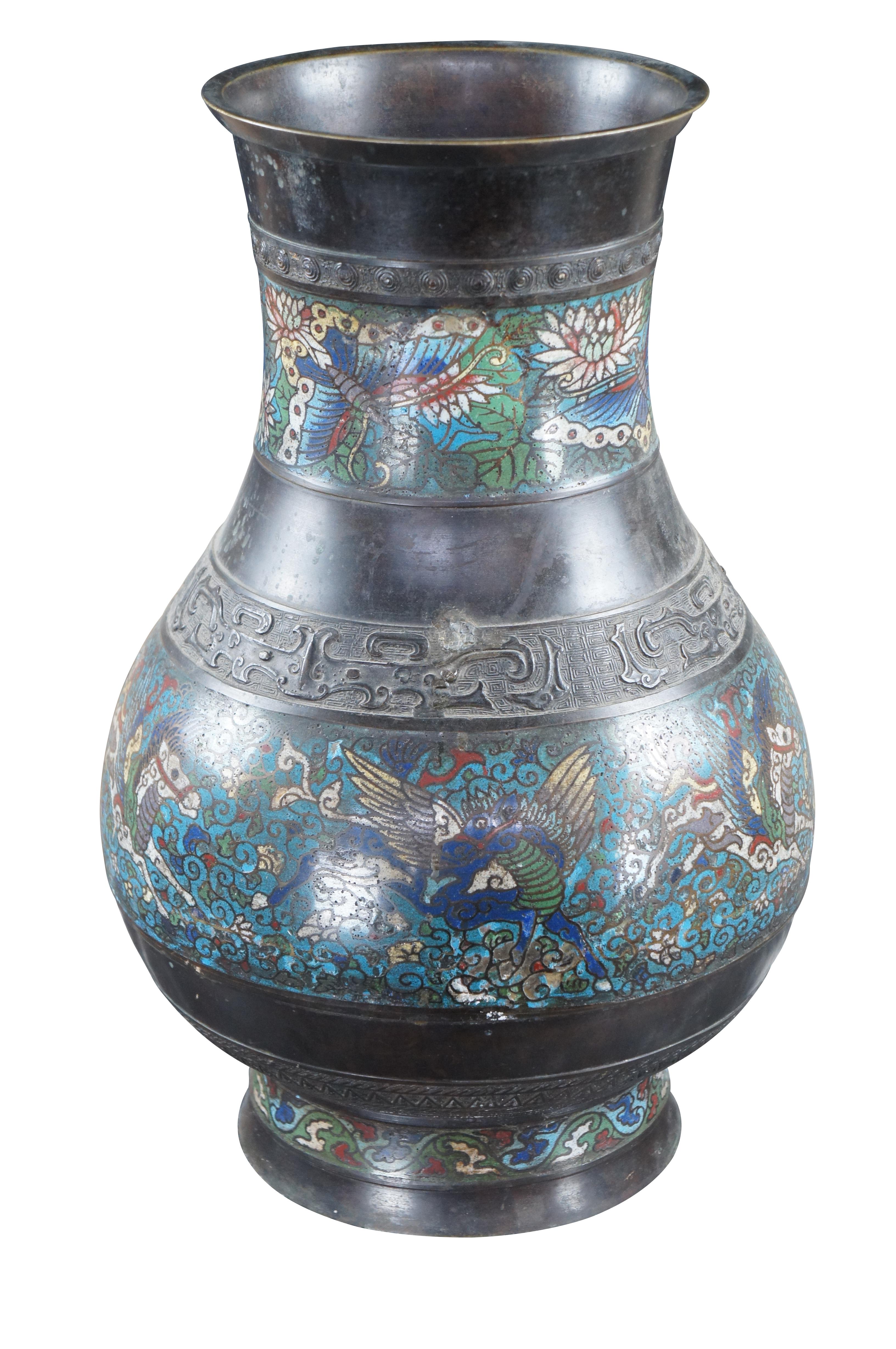 Japonisme Antique Japanese Champleve Bronze Flower Vase Urn Pegasus Butterfly Cloisonné For Sale