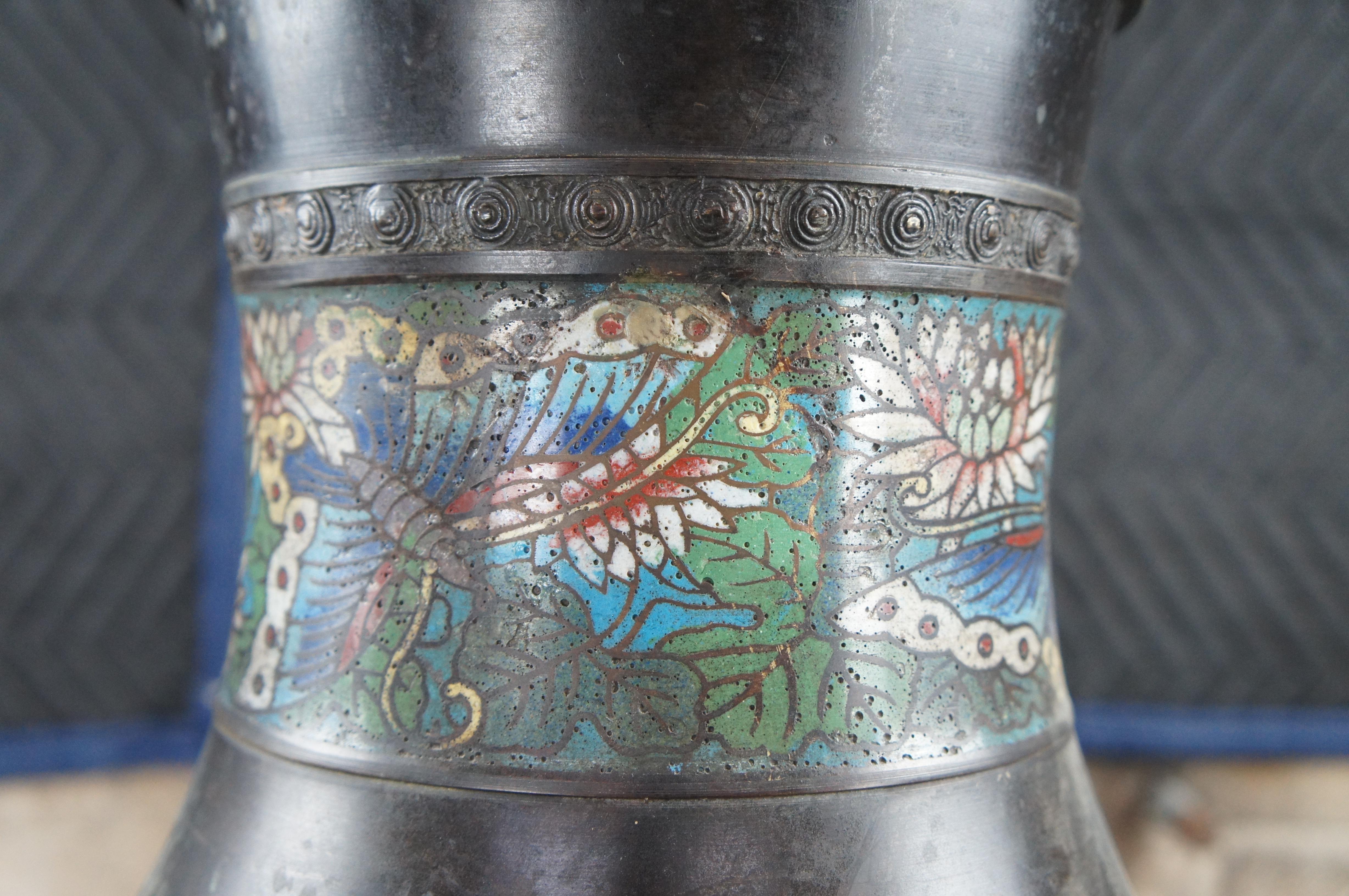 Antique Japanese Champleve Bronze Flower Vase Urn Pegasus Butterfly Cloisonné In Good Condition For Sale In Dayton, OH