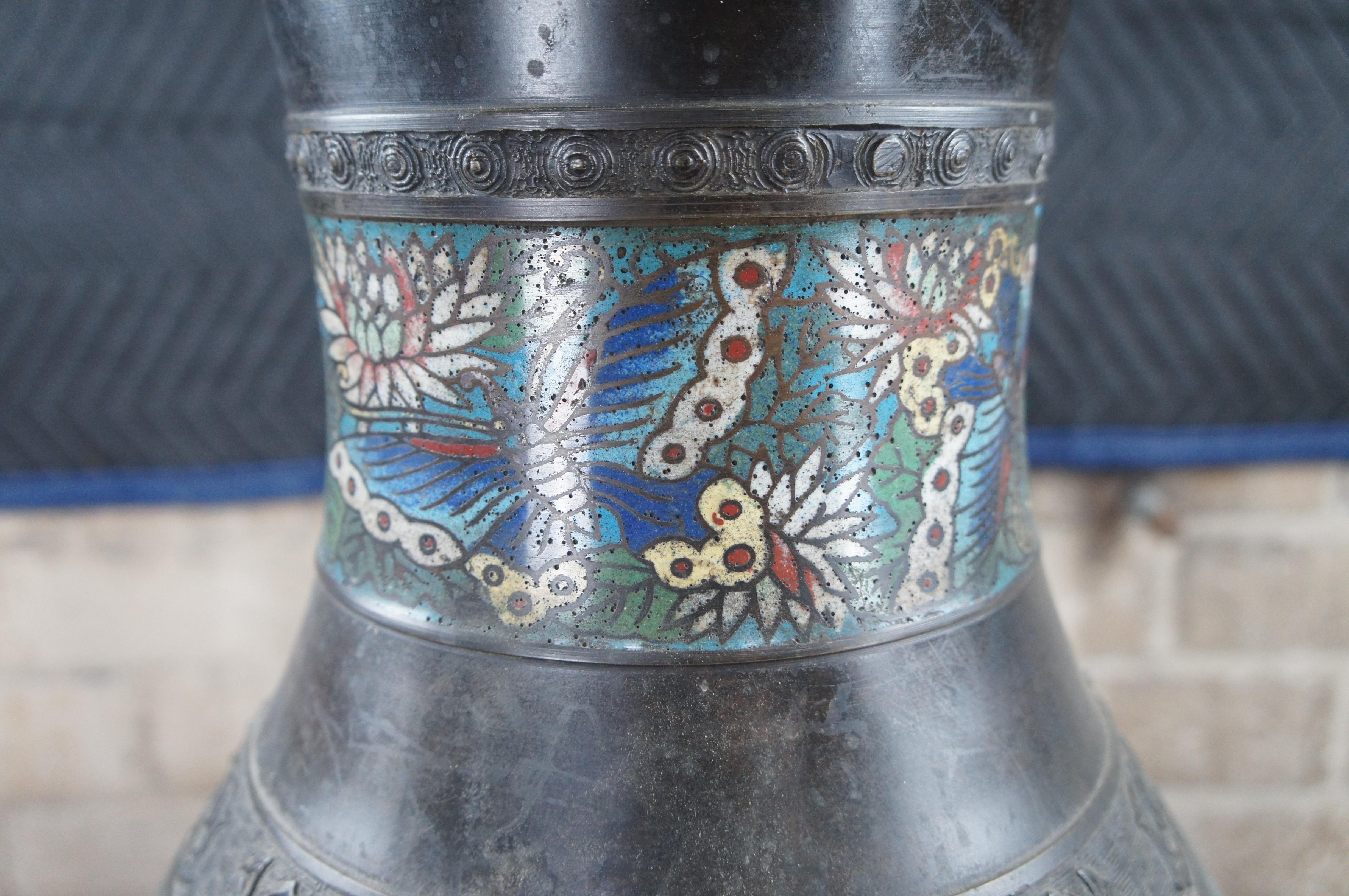 Antique Japanese Champleve Bronze Flower Vase Urn Pegasus Butterfly Cloisonné For Sale 1