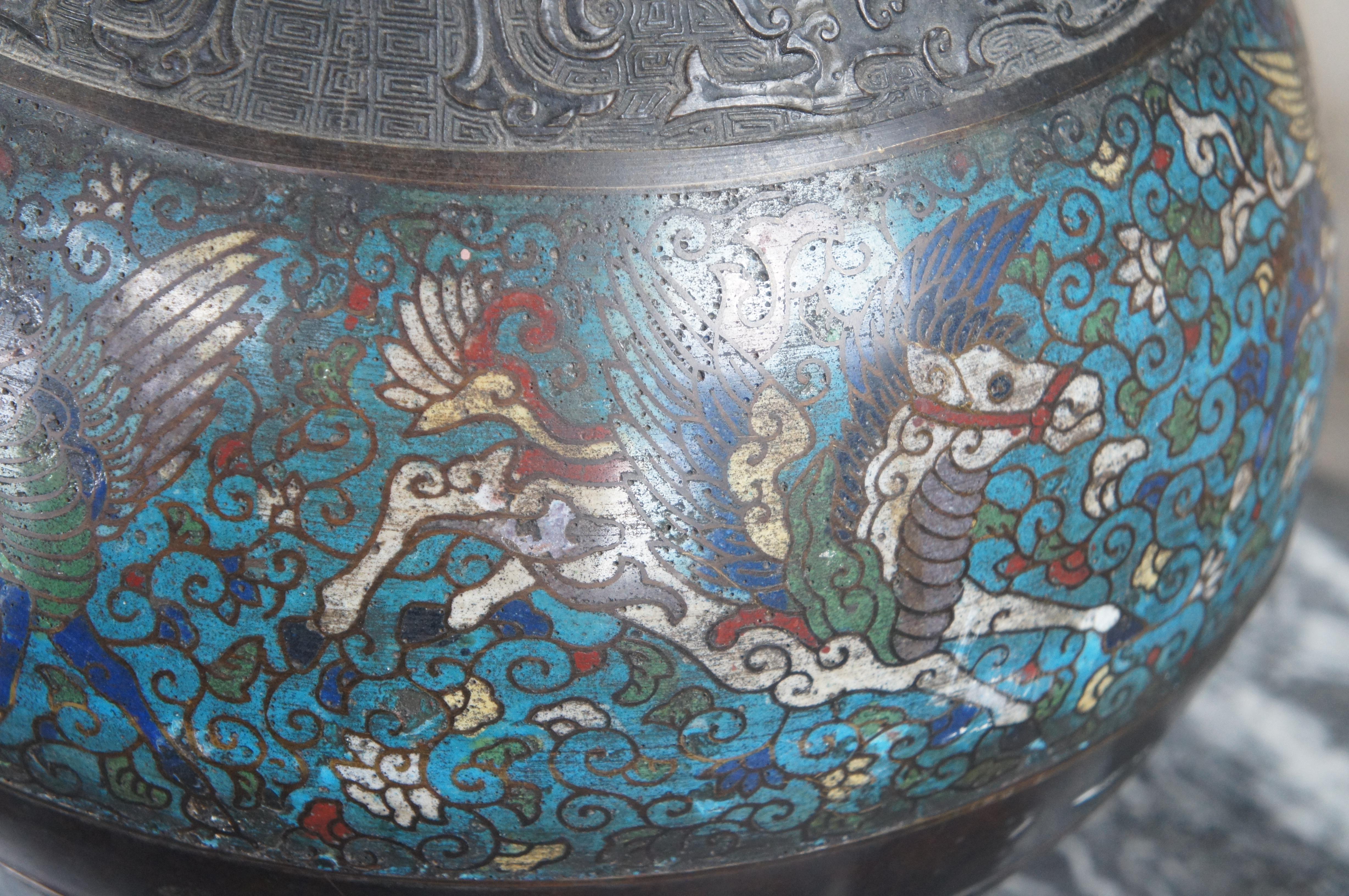 Antique Japanese Champleve Bronze Flower Vase Urn Pegasus Butterfly Cloisonné For Sale 3