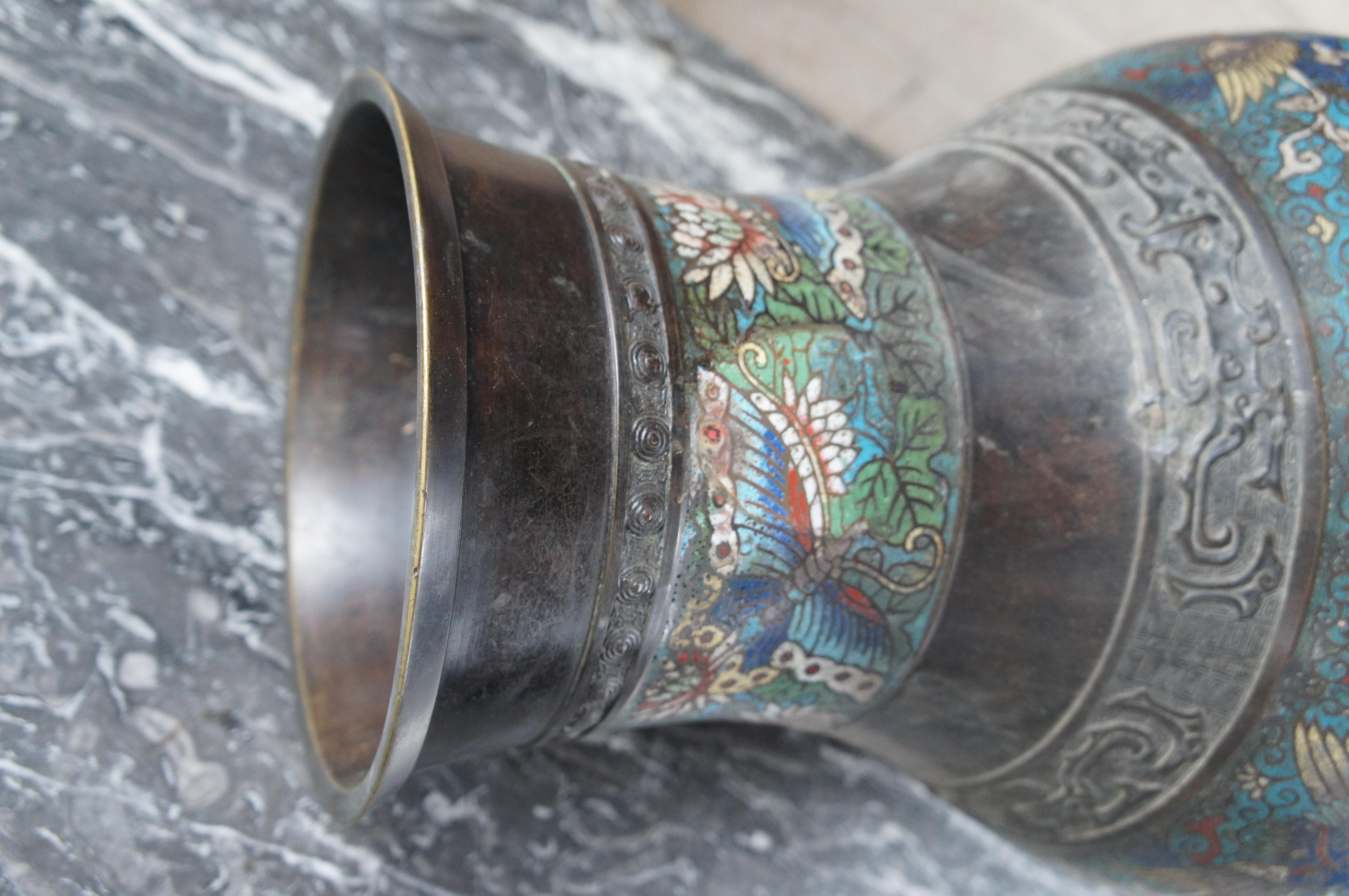Antique Japanese Champleve Bronze Flower Vase Urn Pegasus Butterfly Cloisonné For Sale 4