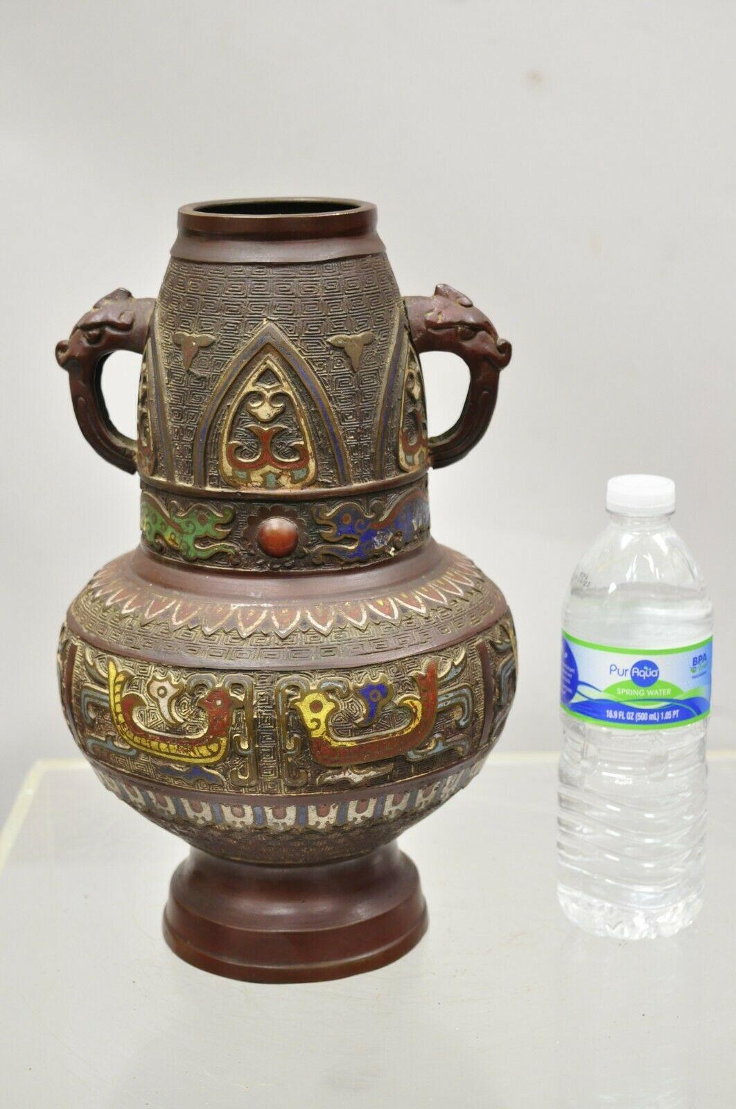 Antique Japanese Champleve Cloisonne Bronze Twin Handle Vase For Sale 5