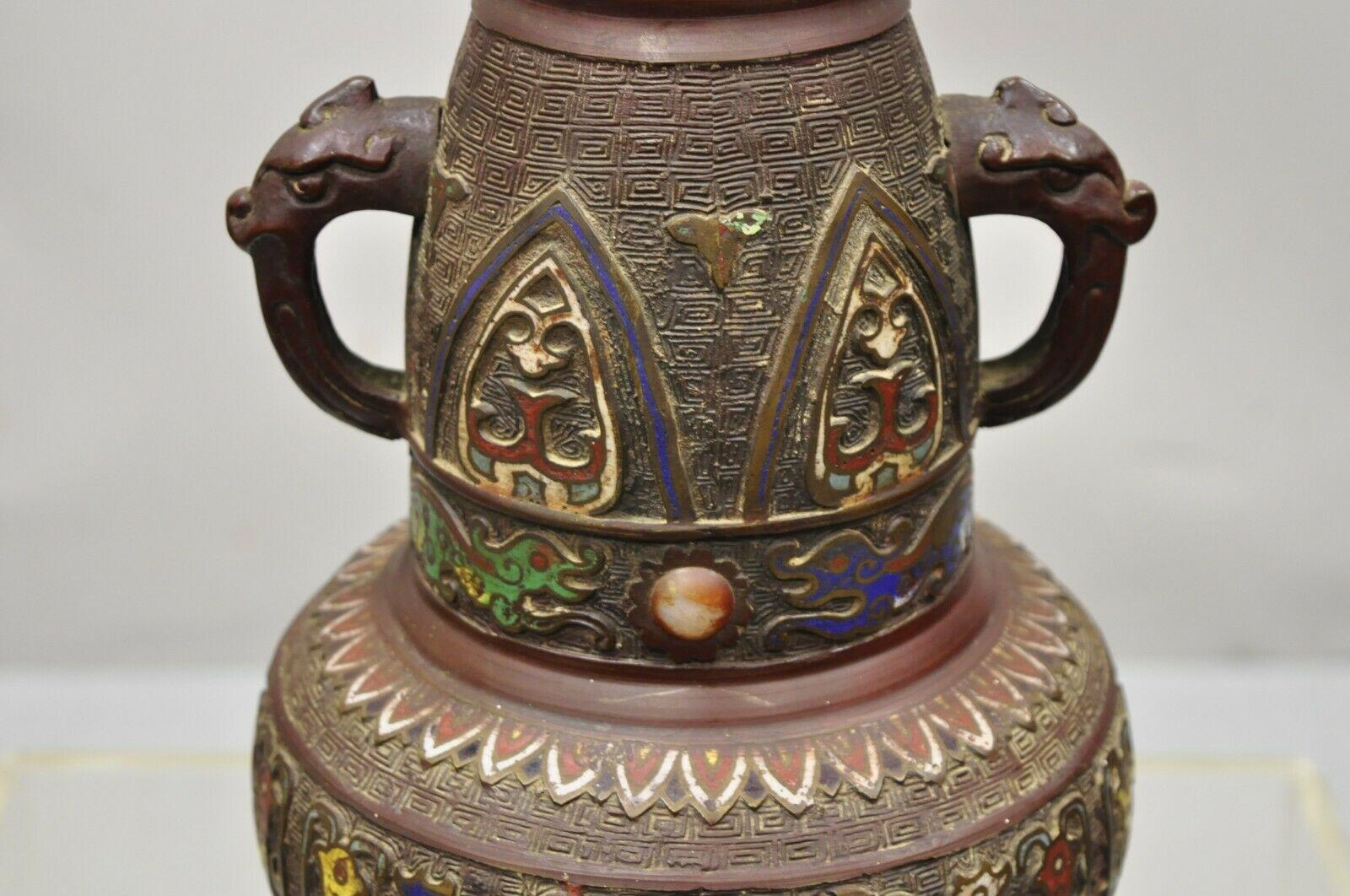 Antique Japanese Champleve Cloisonne Bronze Twin Handle Vase In Good Condition For Sale In Philadelphia, PA