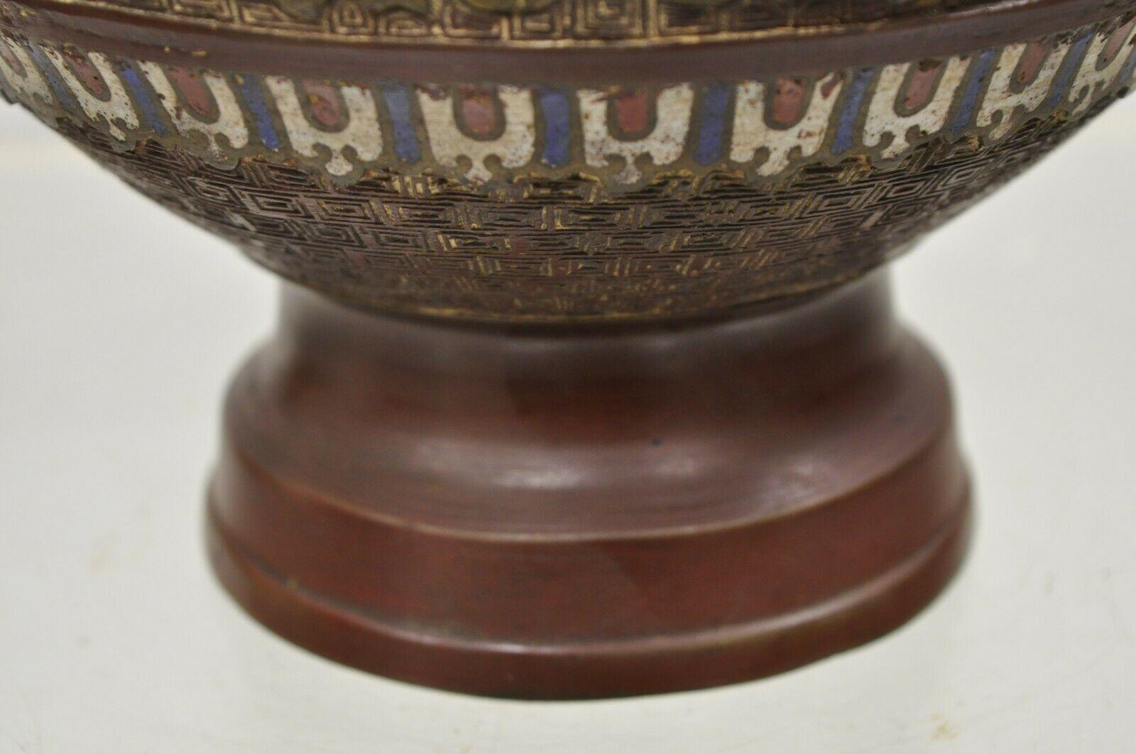 Antique Japanese Champleve Cloisonne Bronze Twin Handle Vase For Sale 4