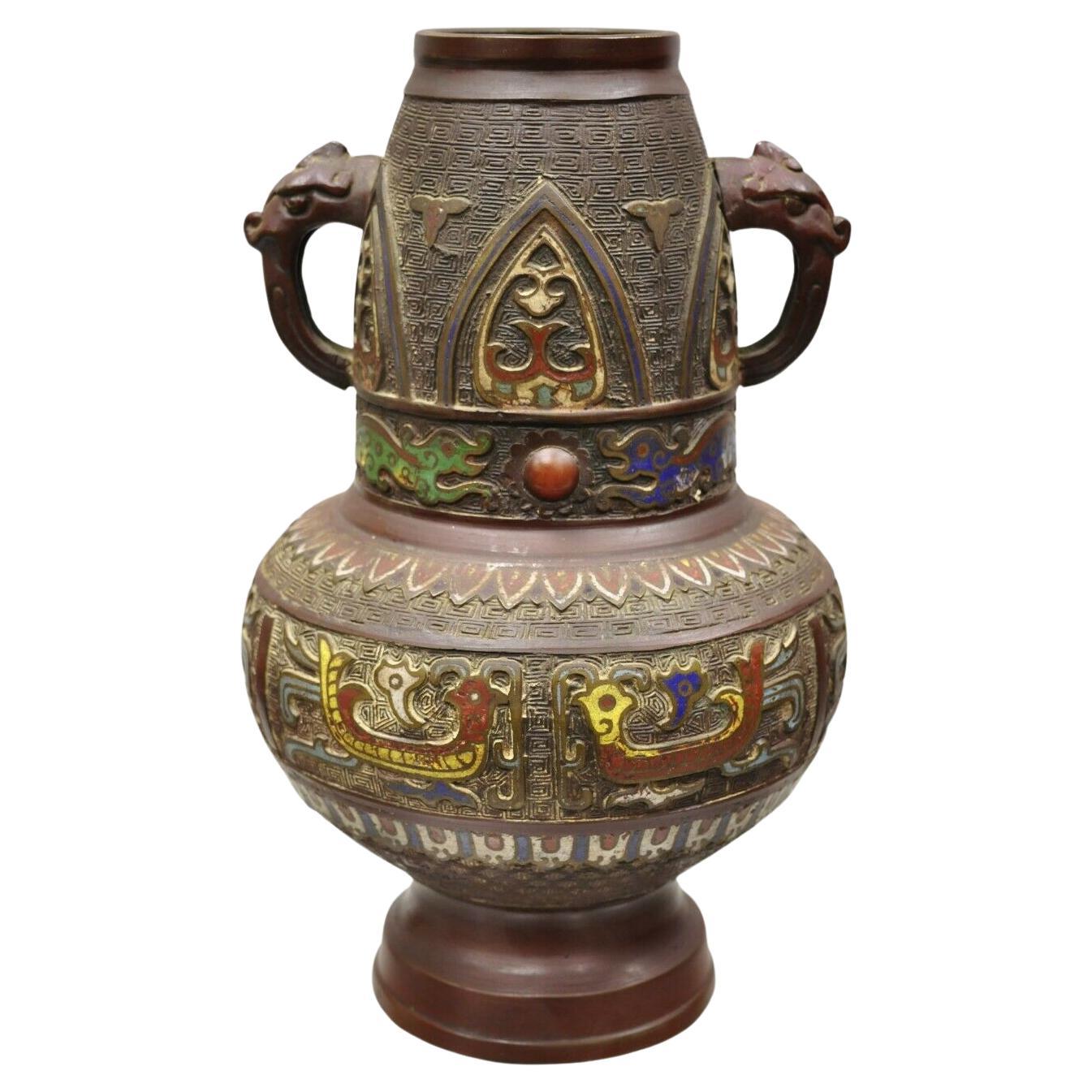 Antique Japanese Champleve Cloisonne Bronze Twin Handle Vase For Sale