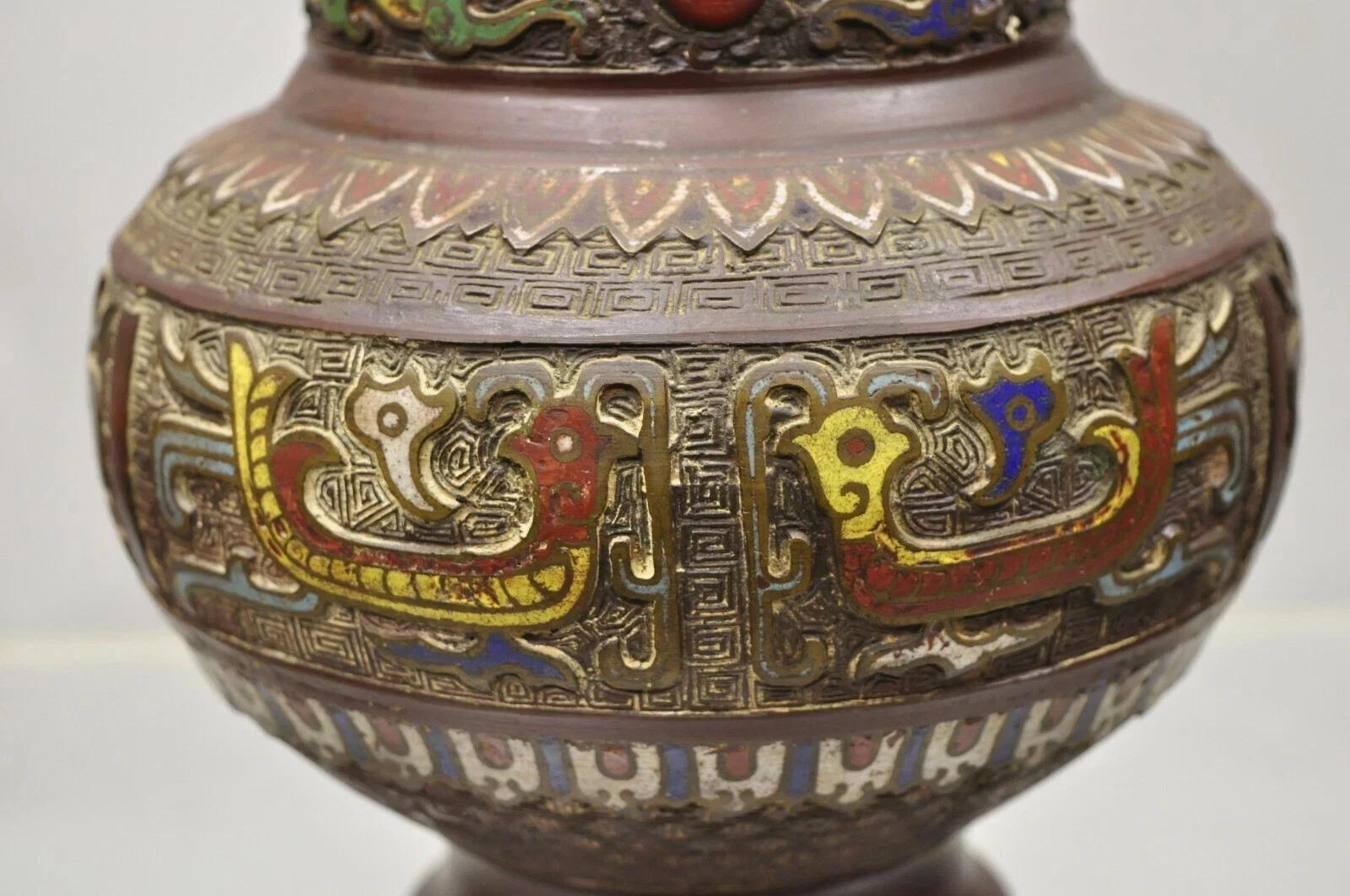 20th Century Antique Japanese Champleve Cloisonne Enamel Bronze Twin Handle 12