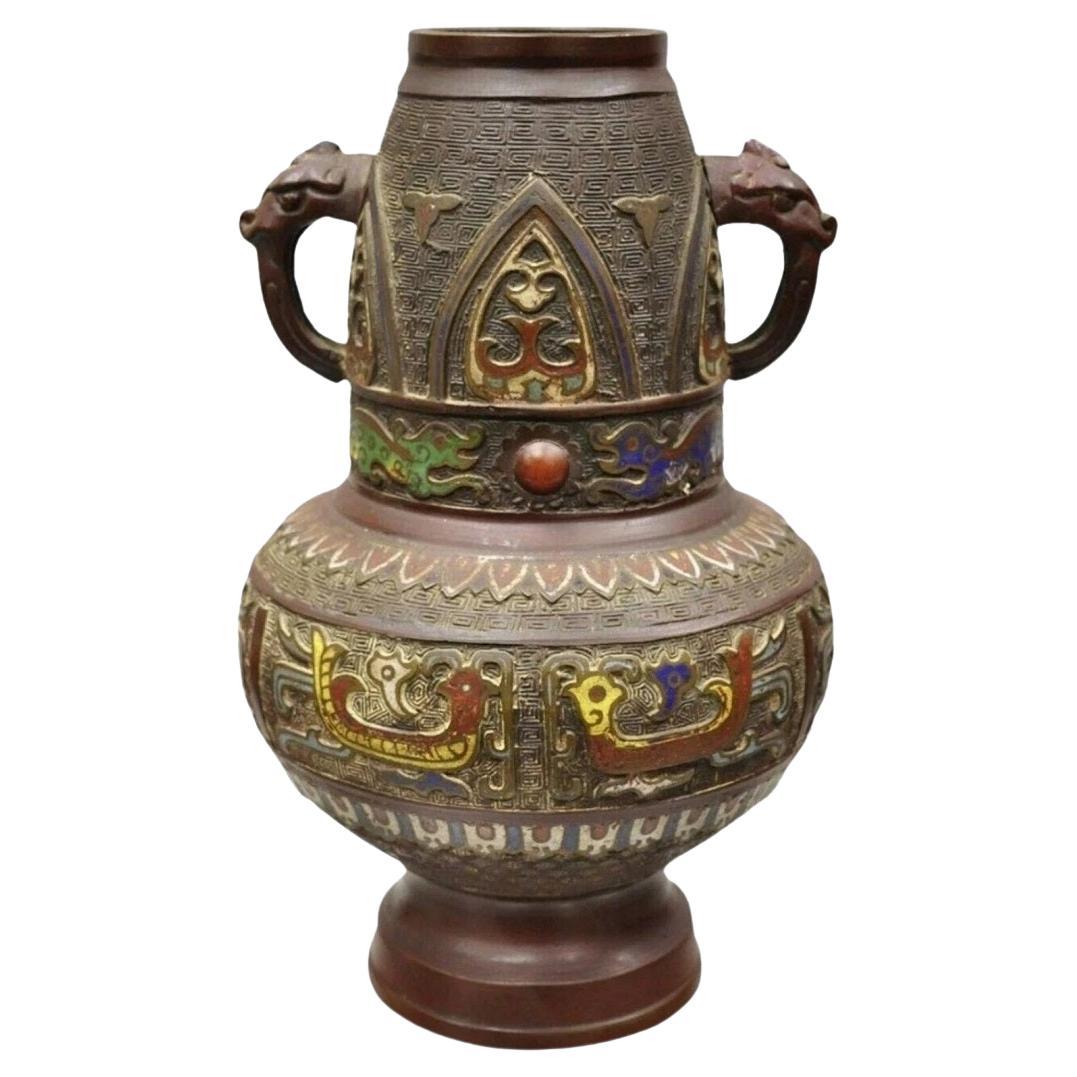 Antique Japanese Champleve Cloisonne Enamel Bronze Twin Handle 12" Vessel Vase For Sale