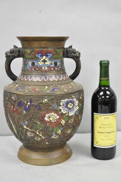 Antique Japanese Champleve Cloisonne Enamel Bronze Twin Handle 14" Vessel Vase
