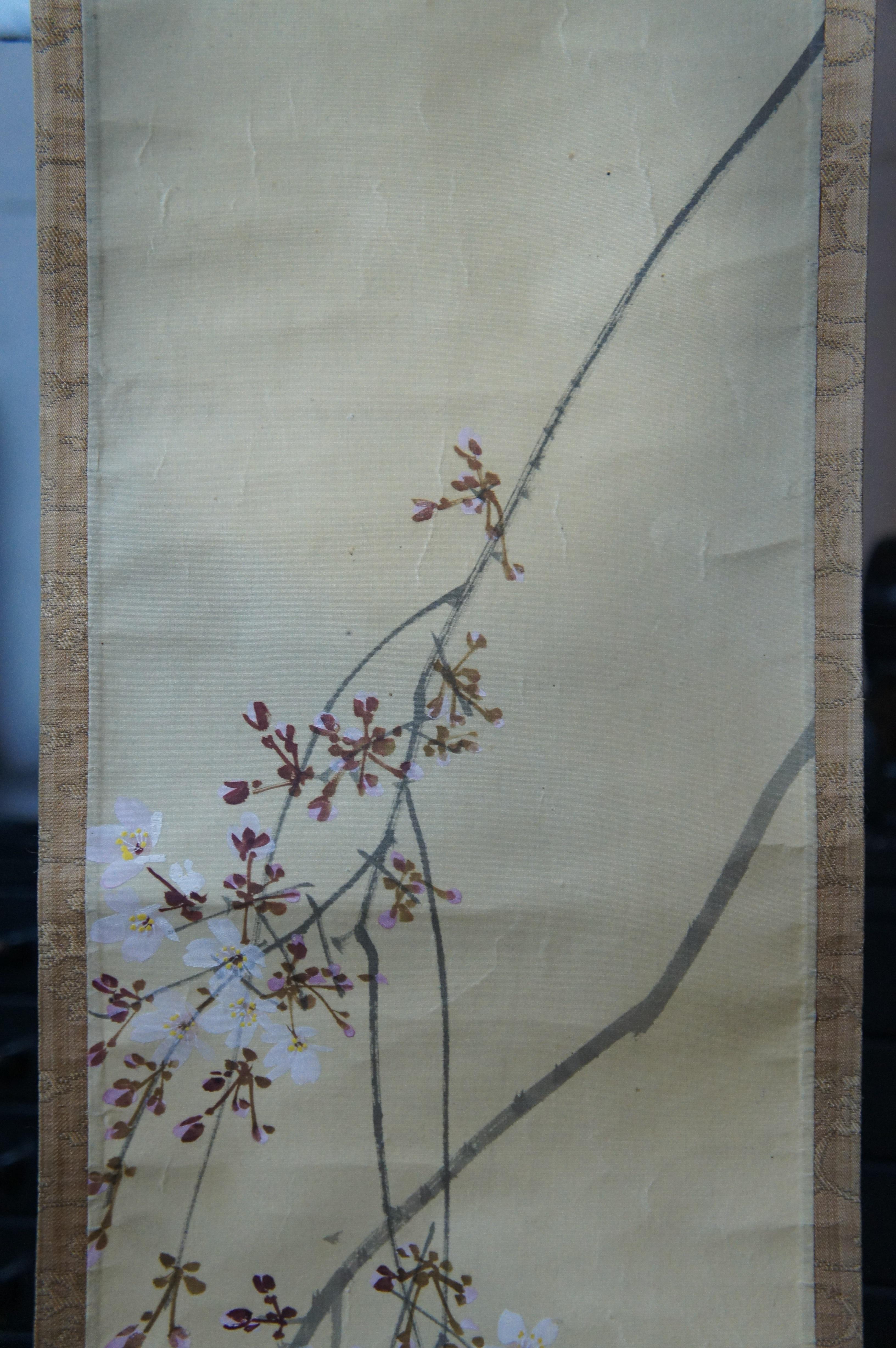 Antique Japanese Cherry Blossom Watercolor Silk Scroll Painting 68